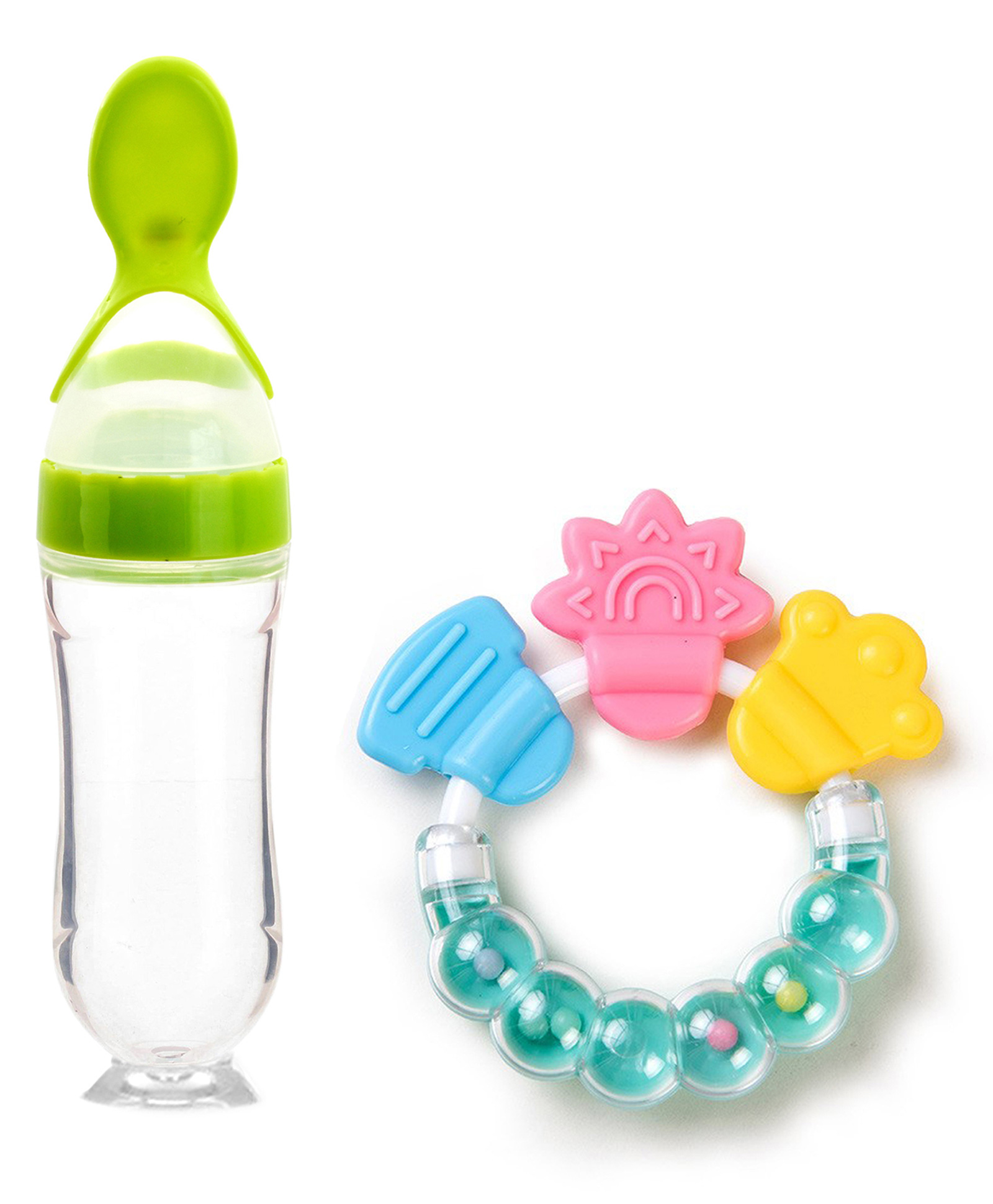 Fantasy India Silicone Squeezy Food Feeder Bottle With Spoon & Rattle Teether - Green-image-39