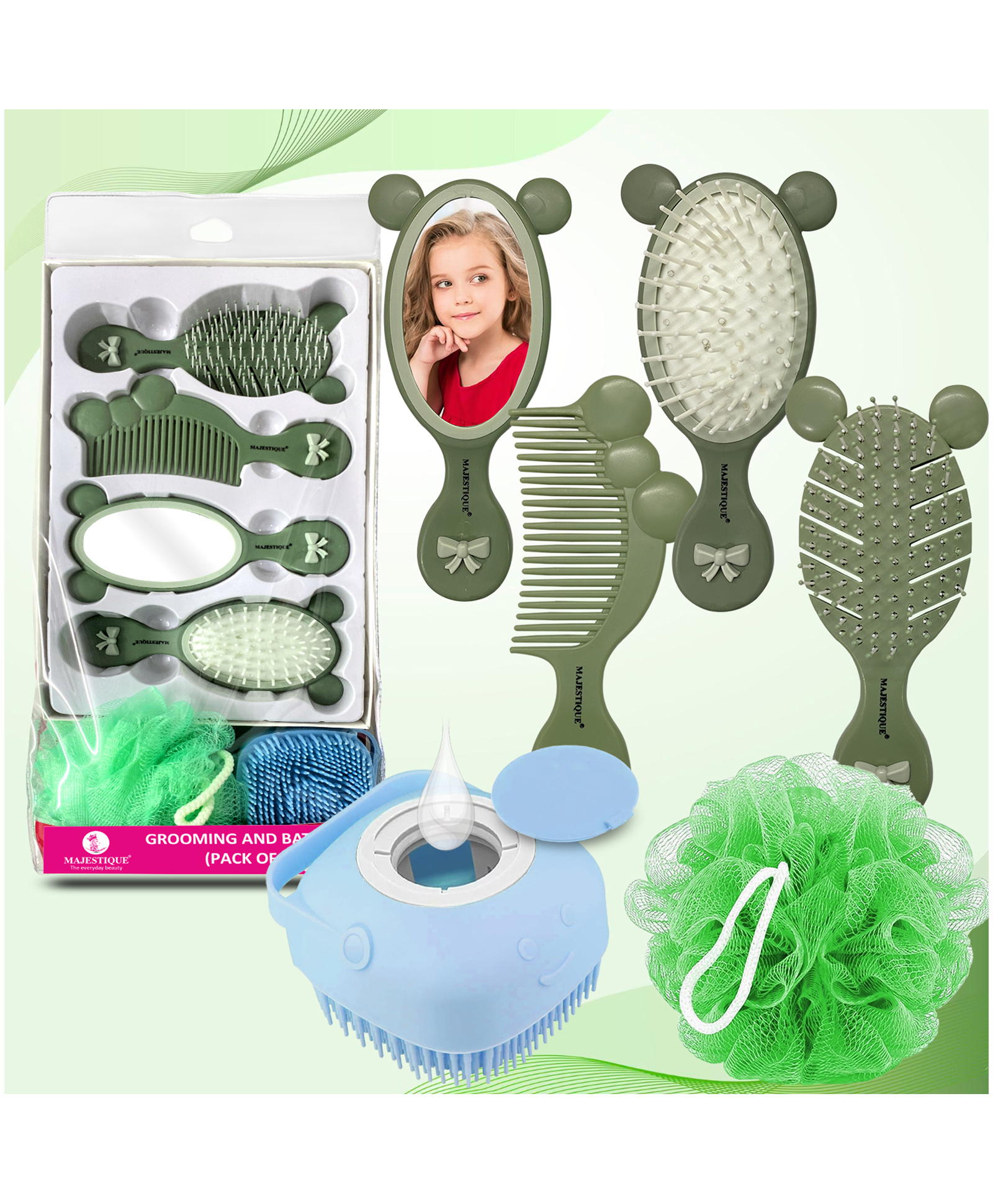 Majestique Grooming and Bath Kit  6 Piece Hair brush Hair Comb Face Mirror Ball Loofah with Silicon Bathing Brush Perfect for Grooming and Bathing Accessories for Baby Boys Girls Kids -Multicolor-image-31