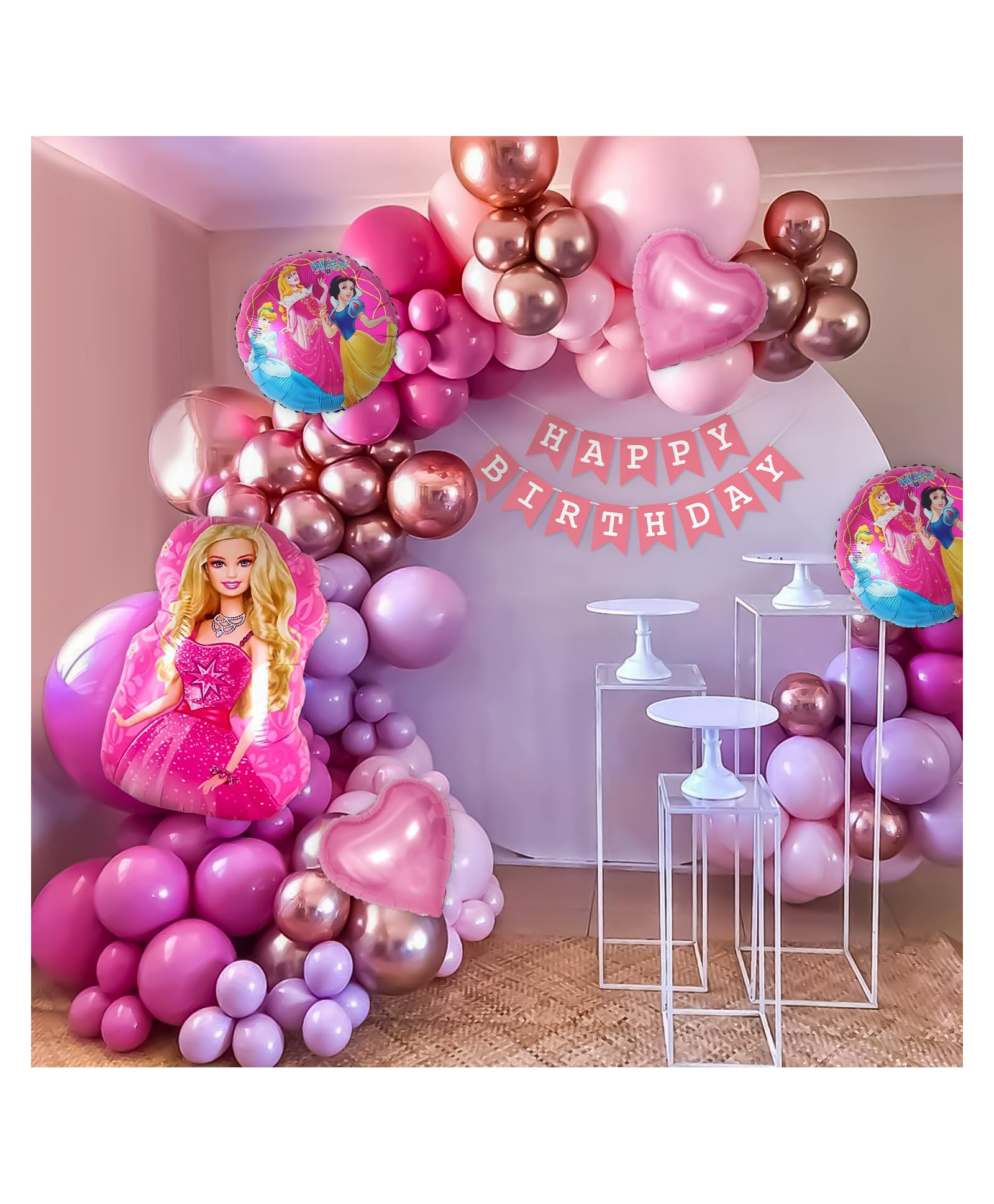 Special You Barbie Theme Birthday Decoration Items for girls with  Princess Birthday decorations Combo with Barbie foil balloons, Pink, Rose Gold, White and Purple -Pack of 73 item