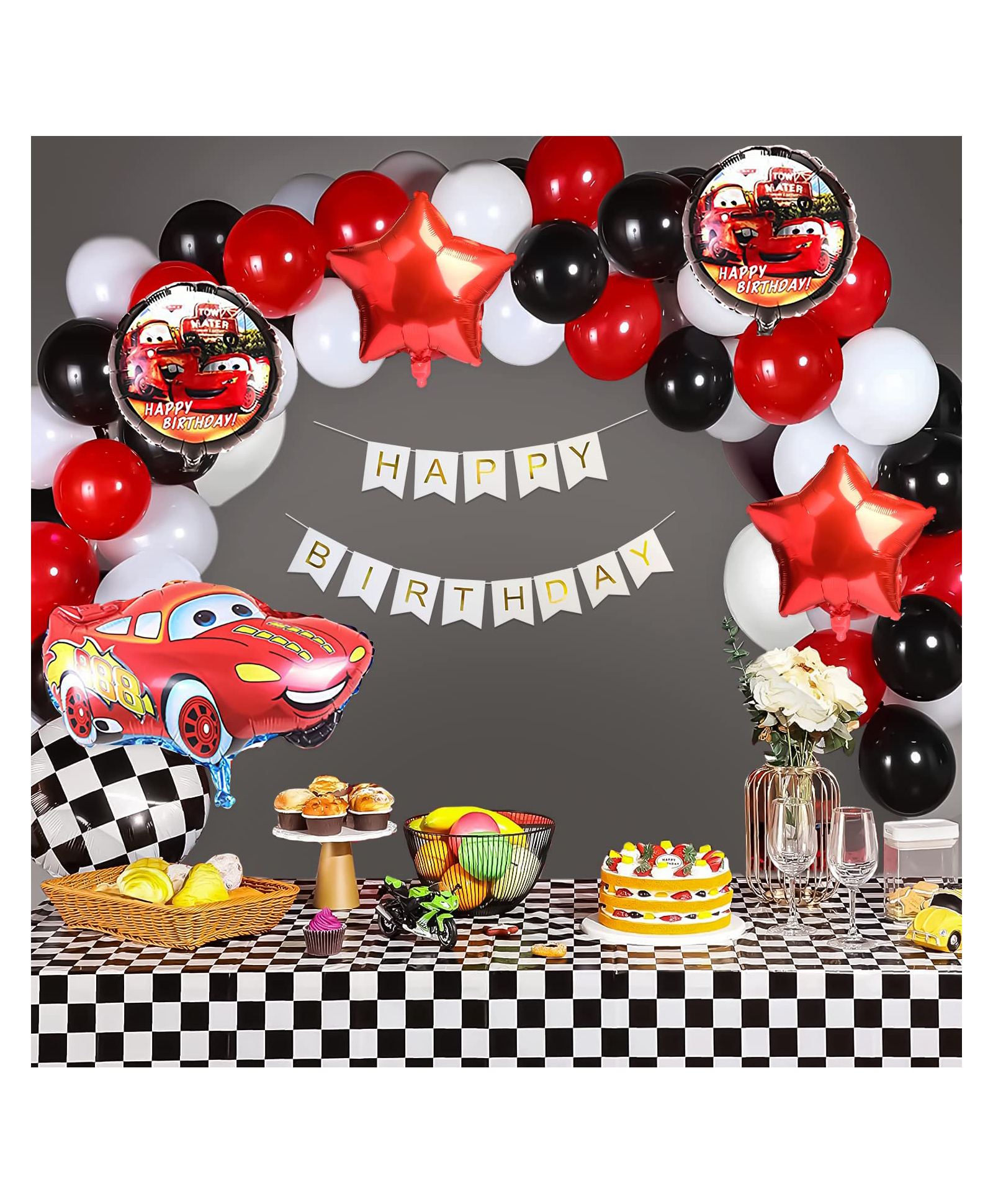 Special You Car theme birthday DIY Combo with Lightning Mcqueen car foil balloon set Decorative kit White Black & Red-Pack of 64 Items-image-12