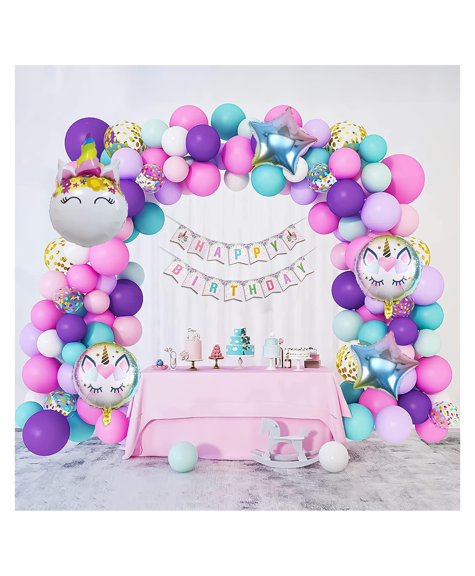 Special You Birthday Decoration DIY Combo kit Unicorn Theme with Happy Birthday Banner Unicorn Foil Balloon Set Pastel Purple Pink Mint Green Dark Purple and White Balloons Multicolor- Pack of 58 Items-image-34
