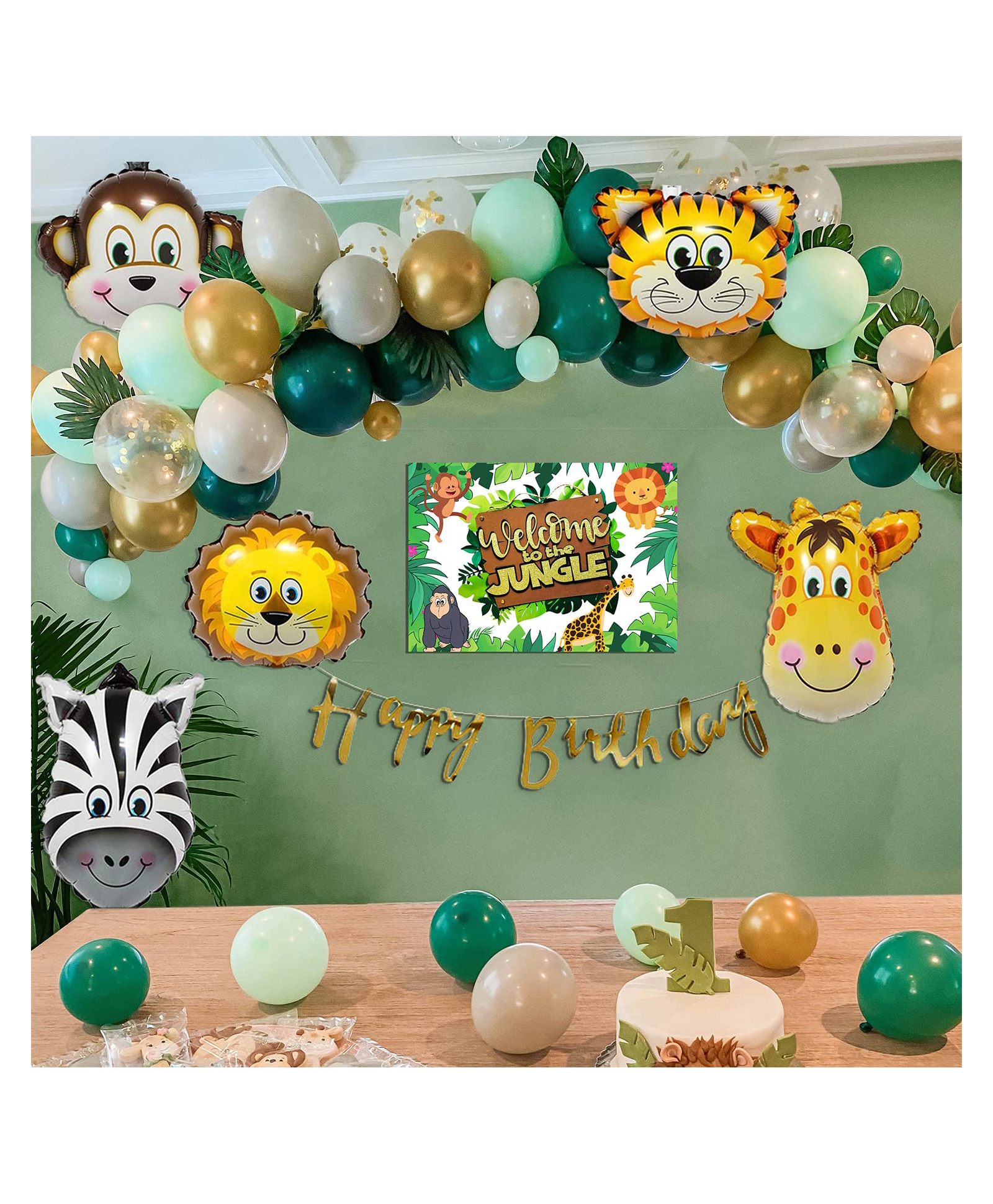 Special You Birthday Decoration DIY Combo Kit Jungle Theme with Green Gold and White Balloons and Animal Face Foil balloons Welcome Jungle Poster and Happy Birthday banner- Green- Pack of 72 Items-image-4