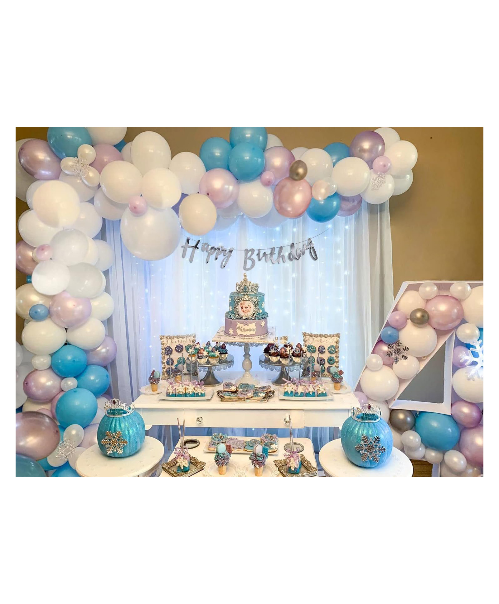 Special You Birthday Decoration DIY Combo Kit Frozen Theme with Net curtains and Fairy Lights & Pastel Purple Blue Metallic Purple White and Silver Balloons- White- Pack of 71 Items-image-32