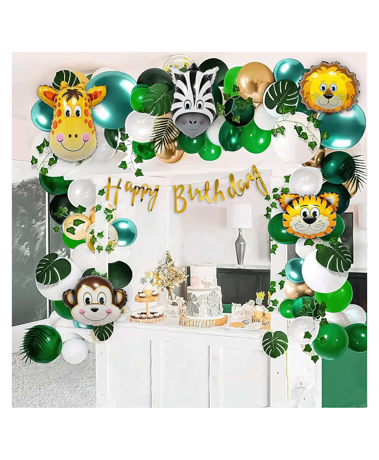 Special You Jungle theme birthday decoration items for kids includes Animal Foil balloons Artificial Leaves Dark Green White, Pastel Green Gold balloons and Green vines-Pack of 70 Items-image-1