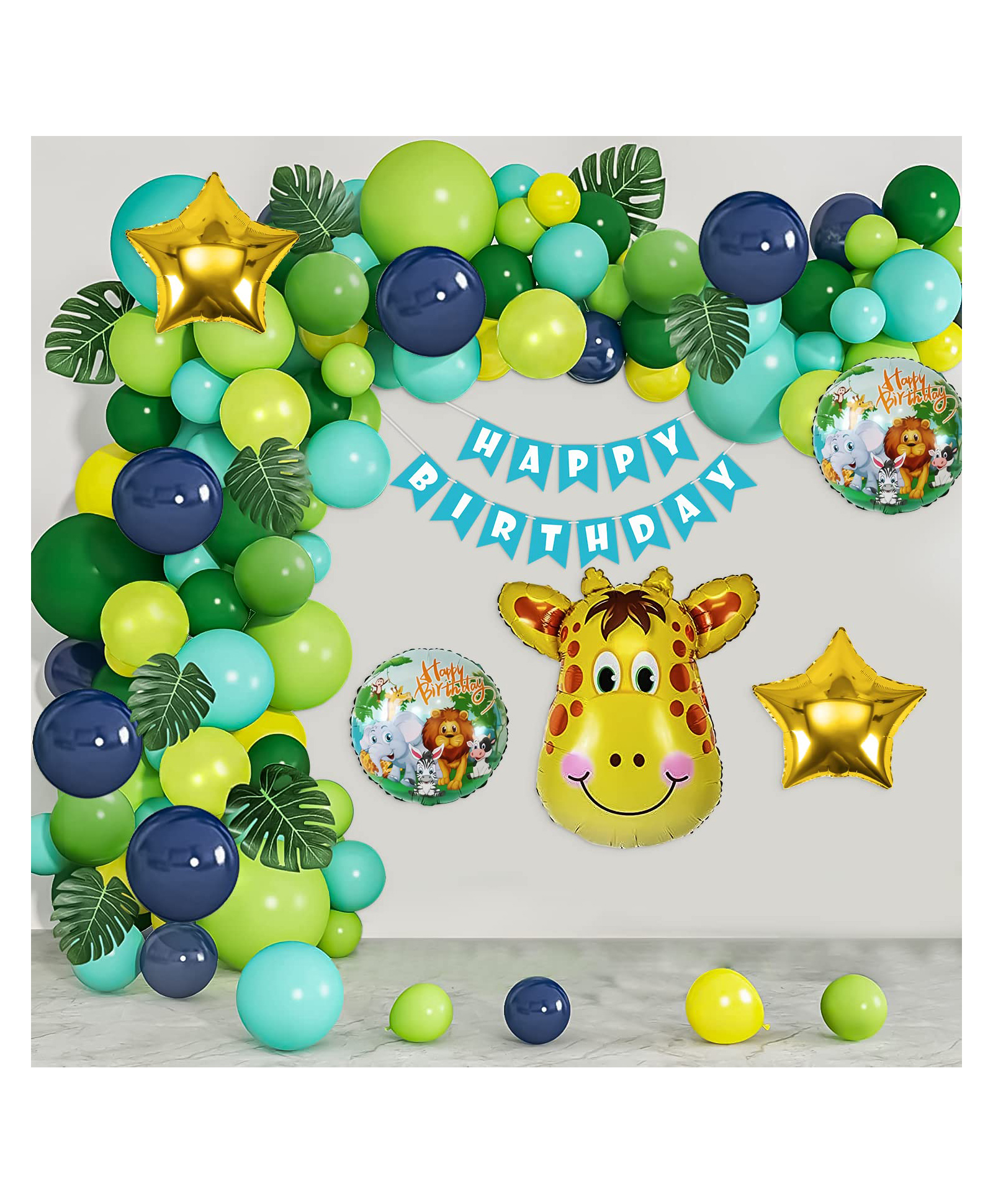 Special You Birthday Decoration DIY Combo Kit Jungle Theme with Green Blue and Yellow Balloons and Giraffe Foil balloon set Artificial Leaves and Happy Birthday banner- Green- Pack of 59 Items-image-32