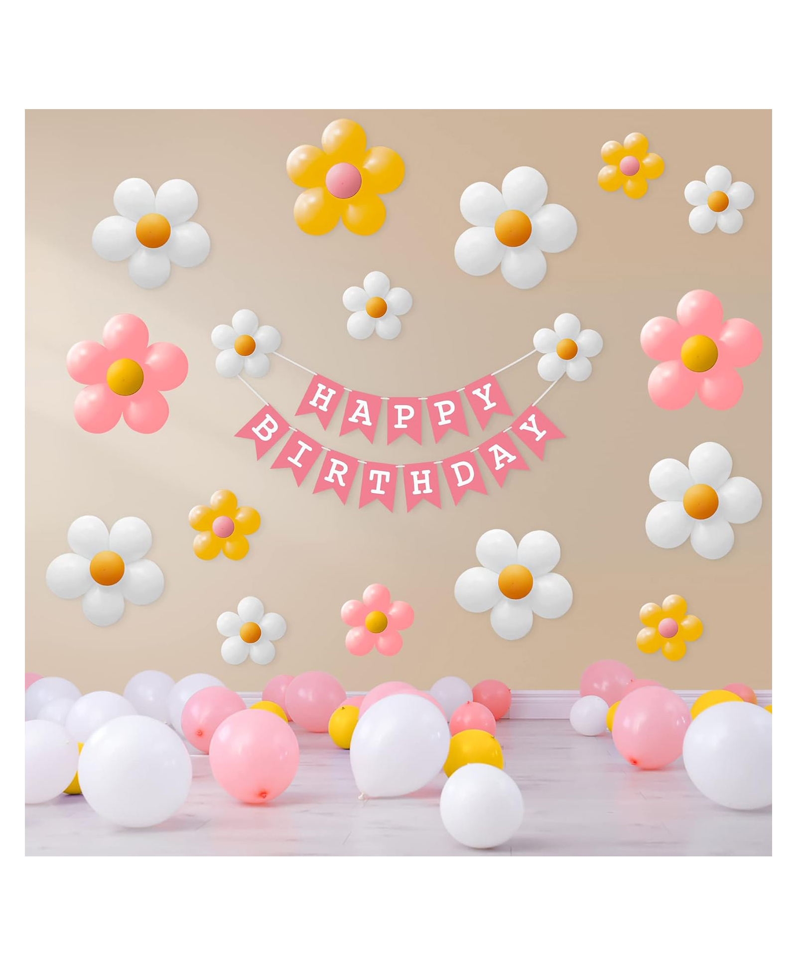Special You Birthday Decoration DIY Combo Kit Flower Theme with Flower Clips and Happy Birthday Banner and Yellow White and Pink Balloons- Multicolor- Pack of 65 Items-image-34