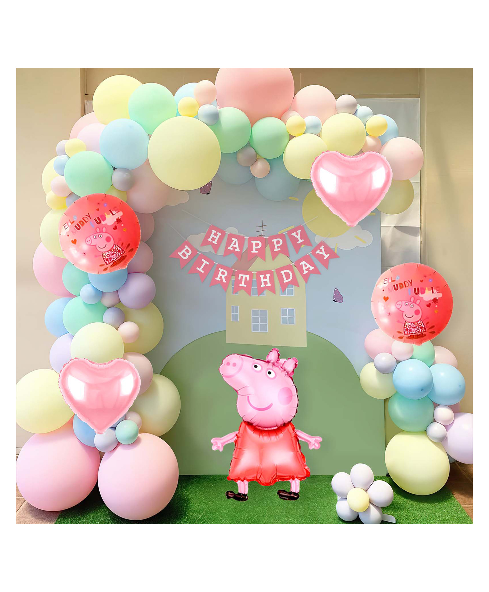 Special You Birthday Decoration DIY Combo Kit Peppa Pig Theme with Happy birthday banner Peppa Pig Foil Balloon Set Pastel Pink Purple Blue Green and Yellow Balloons Multicolor- Pack of 58 Items