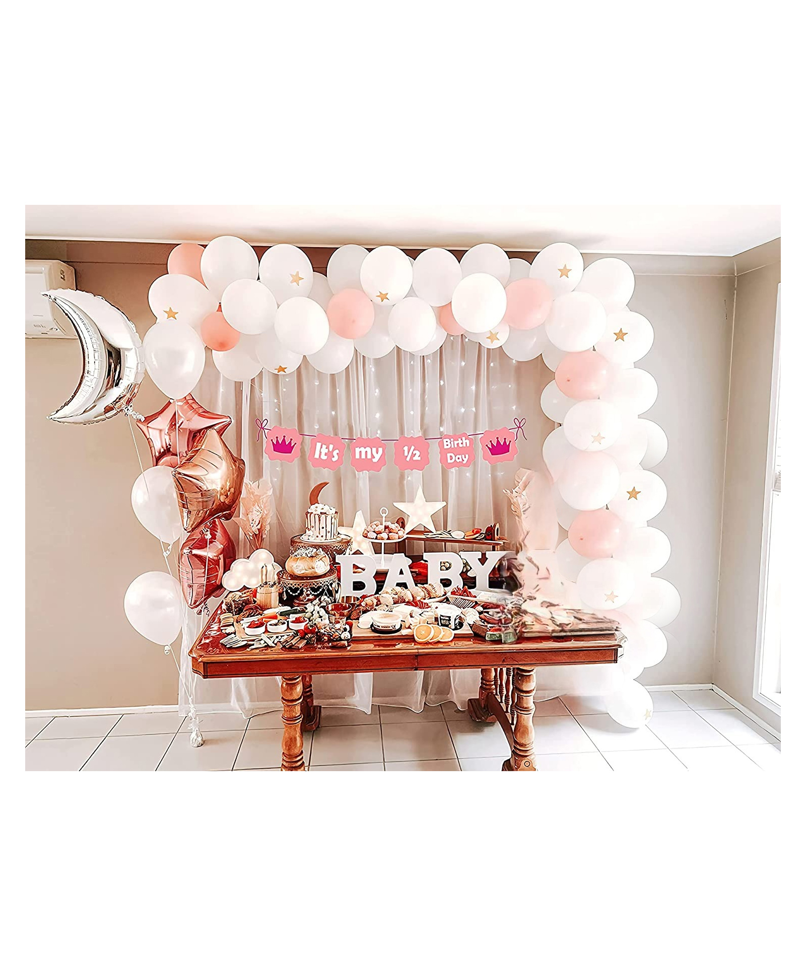 Special You Star Moon theme half birthday decoration item kit for baby girl with its my half birthday banner decoration item rosegold pack of 73 items-image-4