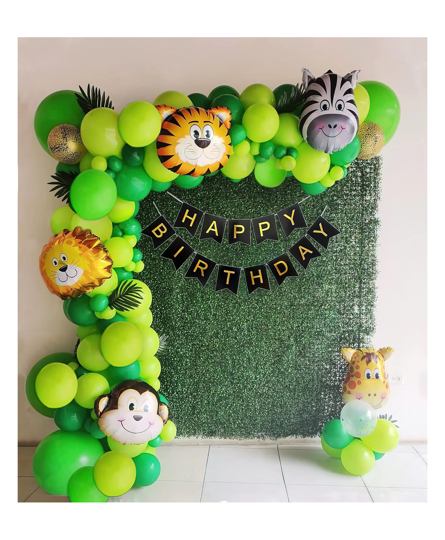 Special You jungle theme birthday decoration items for kids with animal theme foil balloon with artificial leaves happy birthday banner metallic balloons for decoration kit green -Pack of 61 Items-picture-49