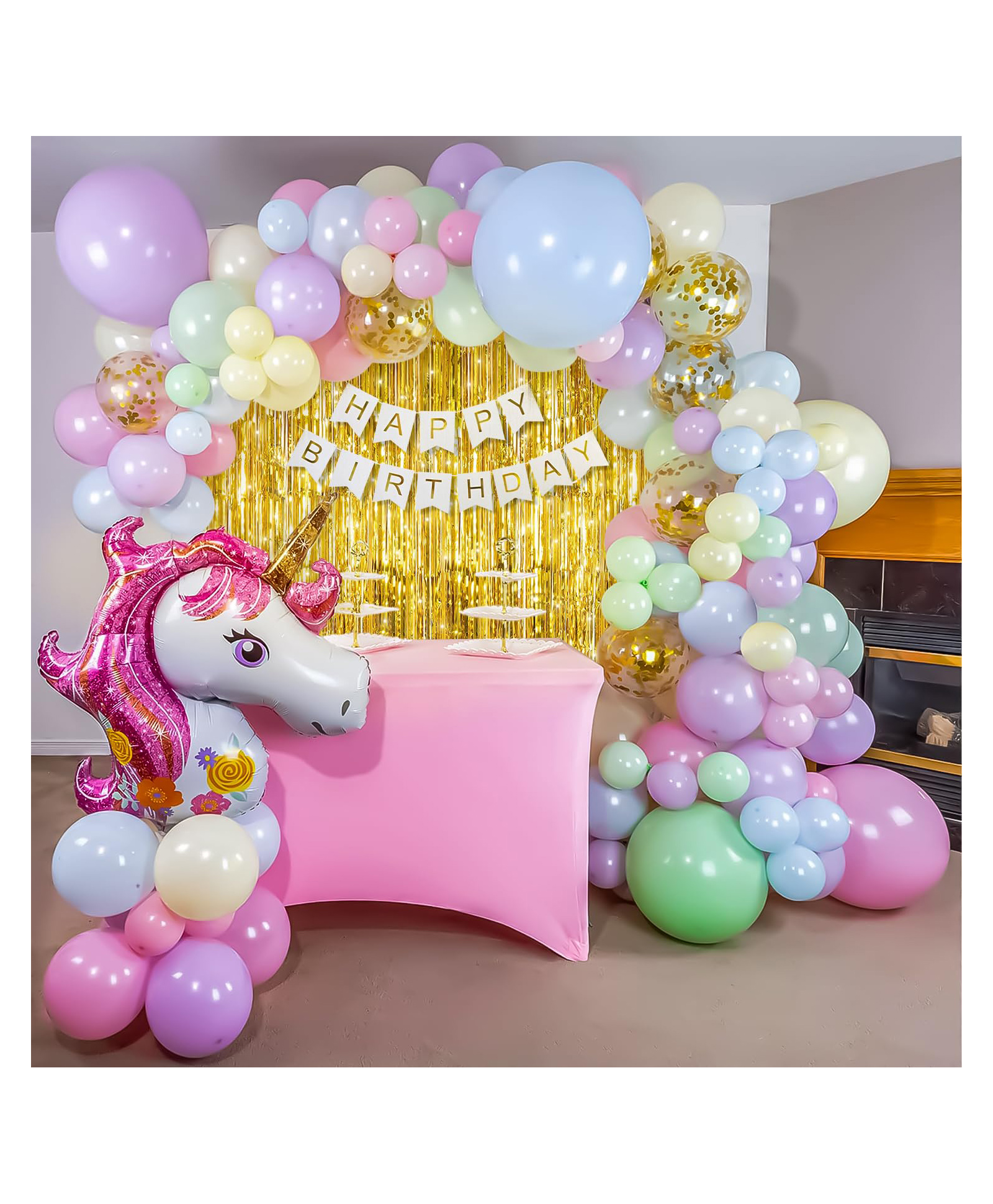 Special You Birthday Decoration DIY Combo kit Unicorn Theme with Happy Birthday Banner Unicorn Foil Balloon Gold Fringe Curtains Pastel Purple Pink Green Blue Yellow and Gold Confetti Balloons Multicolor- Pack of 86 Items-image-33