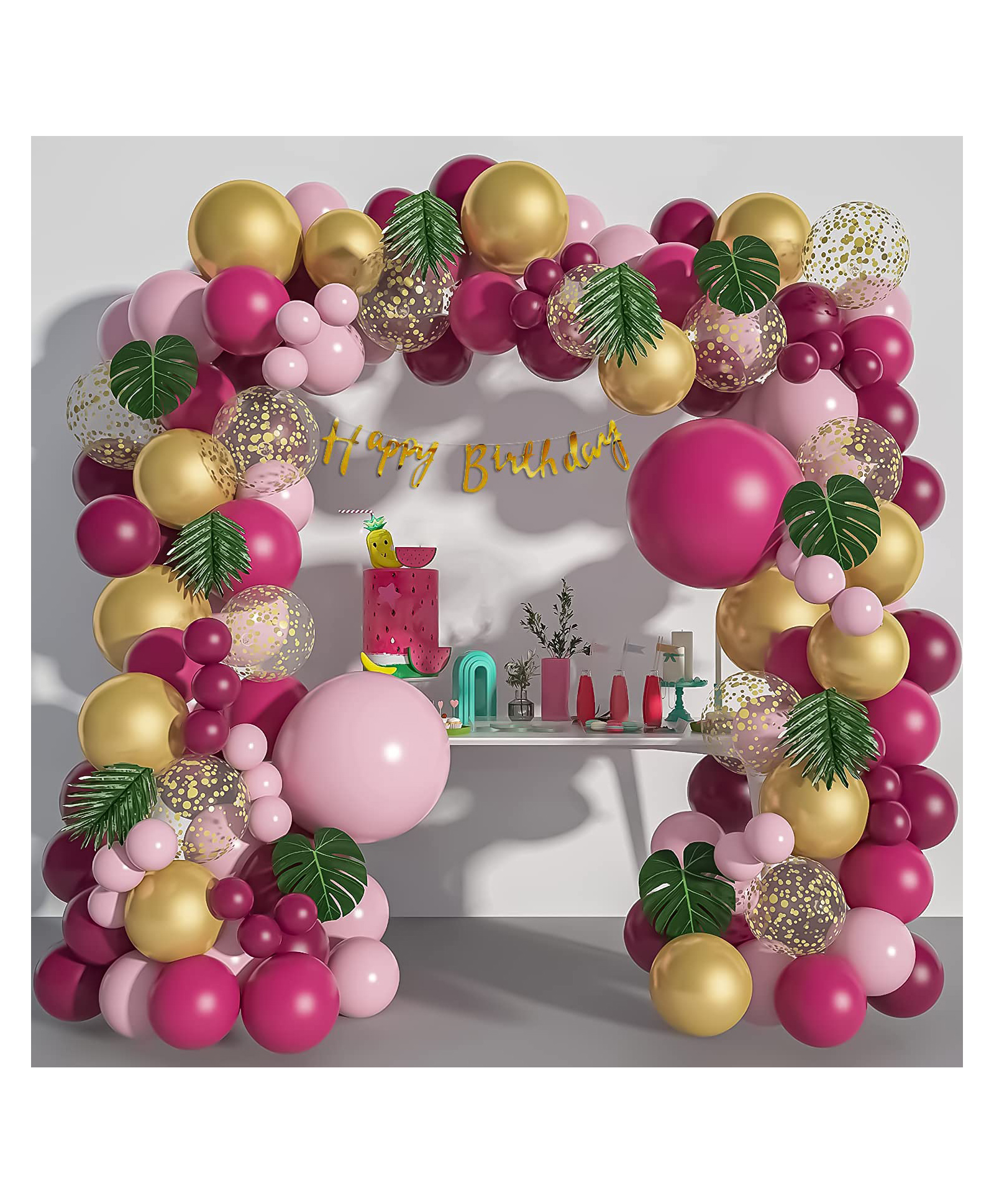 Special You Birthday Decoration DIY Combo kit with Artificial Palm Leaves Happy Birthday Banner Burgundy Pastel Pink Metallic Gold and Golden Confetti Balloon Multicolor- Pack of 72 Items-image-31