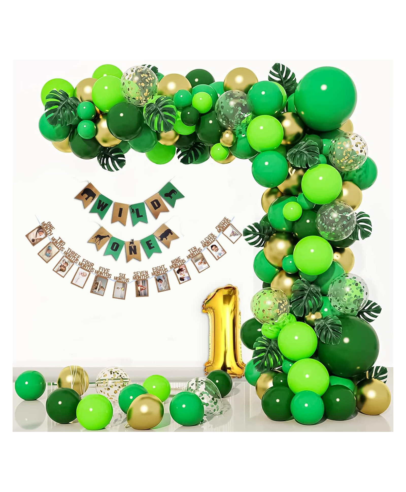 Special You 1st Birthday Decoration DIY Combo Kit Jungle Theme with One Foil balloon and Wild One Banner and Monthly banner- Green- Pack of 72 Items-image-21