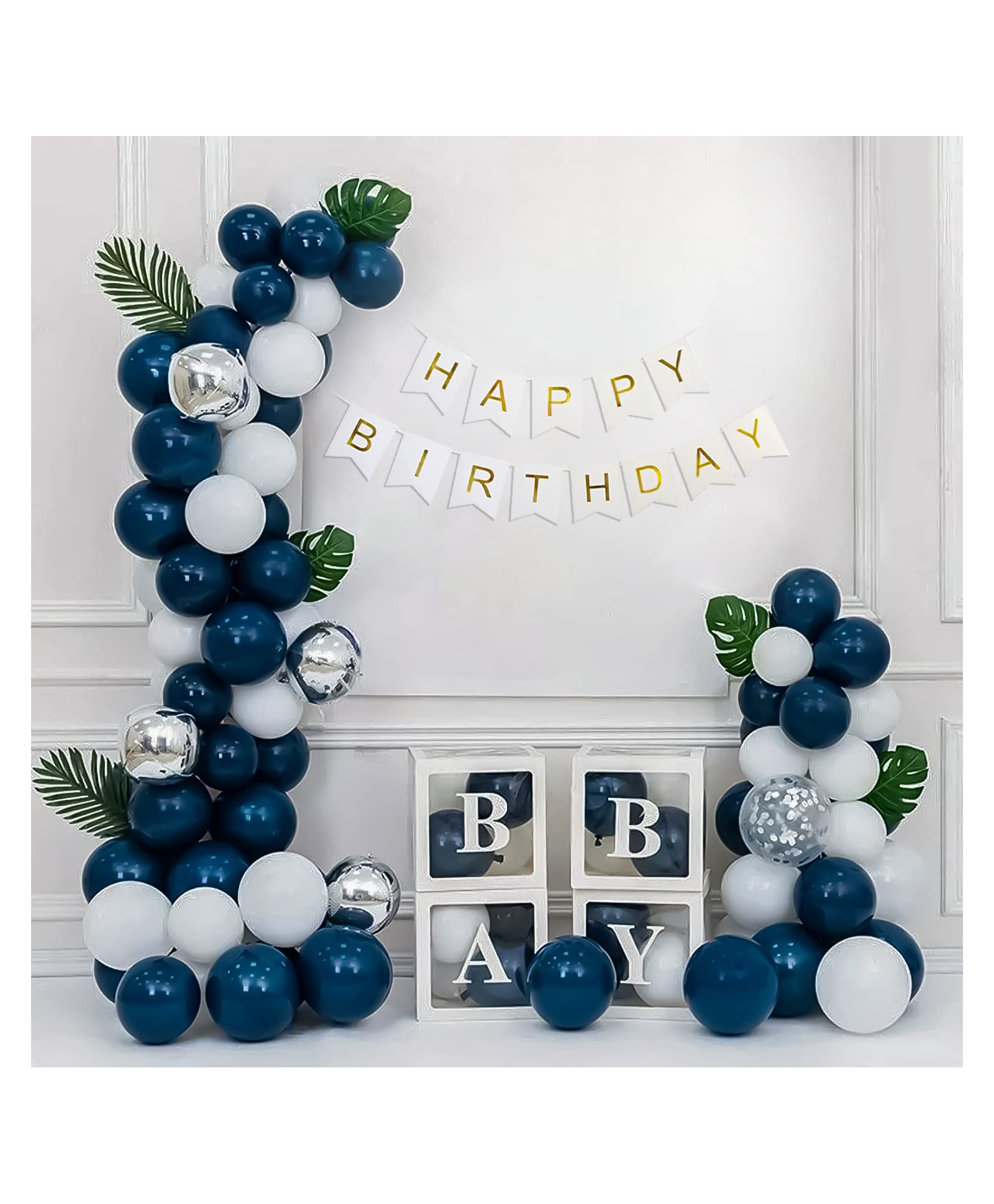 Special You DIY birthday decoration kit for girls, boys artificial palm leaves theme with  party balloons for decoration for girls Silver and Dark Blue Balloons -Pack of 61 pcs-picture-36