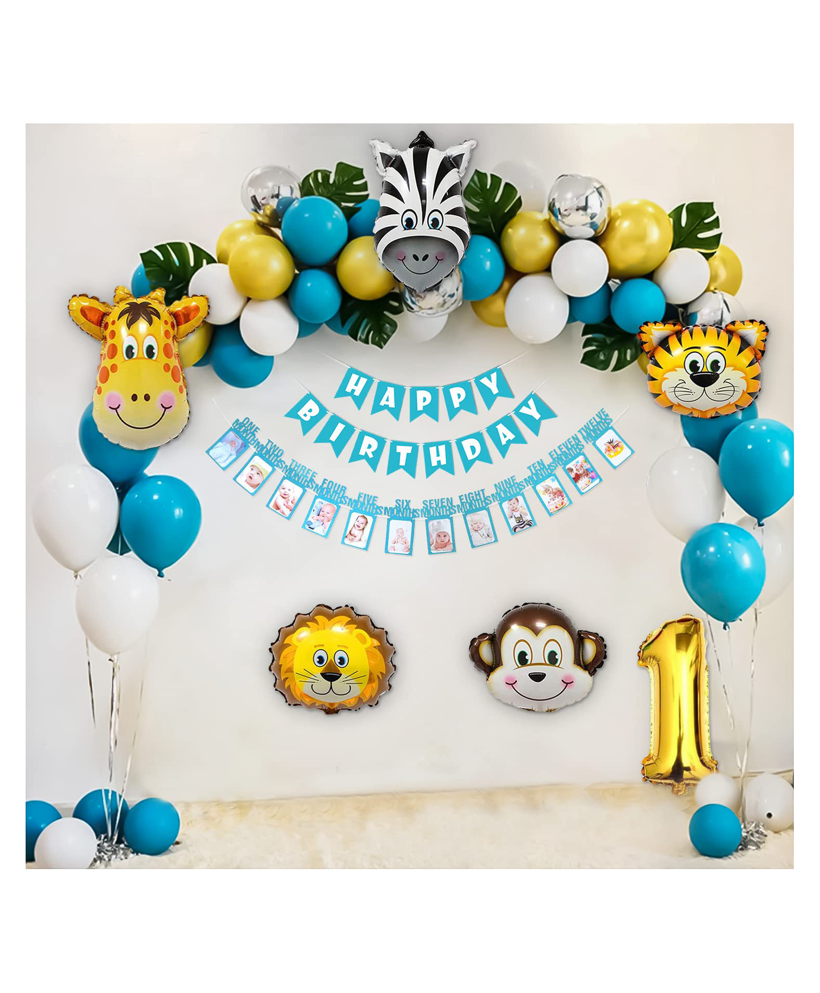 Special You Jungle theme 1st birthday decorations item kit DIY Combo set with Monthly Banner animal foil balloons palm leaves and Blue and White Balloons- 52 Pcs-image-34