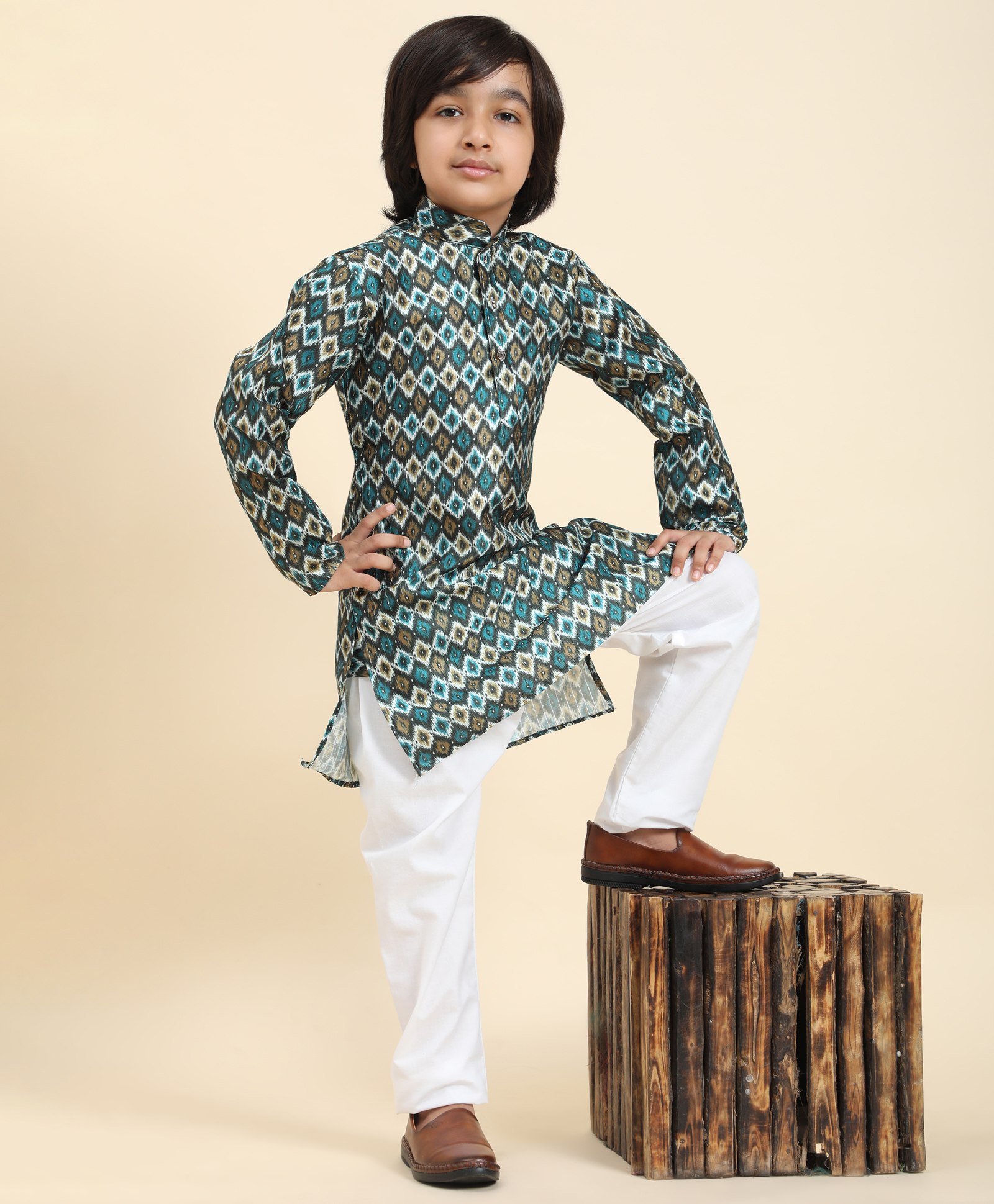 P-MARK Full Sleeves Ikat Motif Printed Kurta Pyjama Set - Firozi Blue-image-31