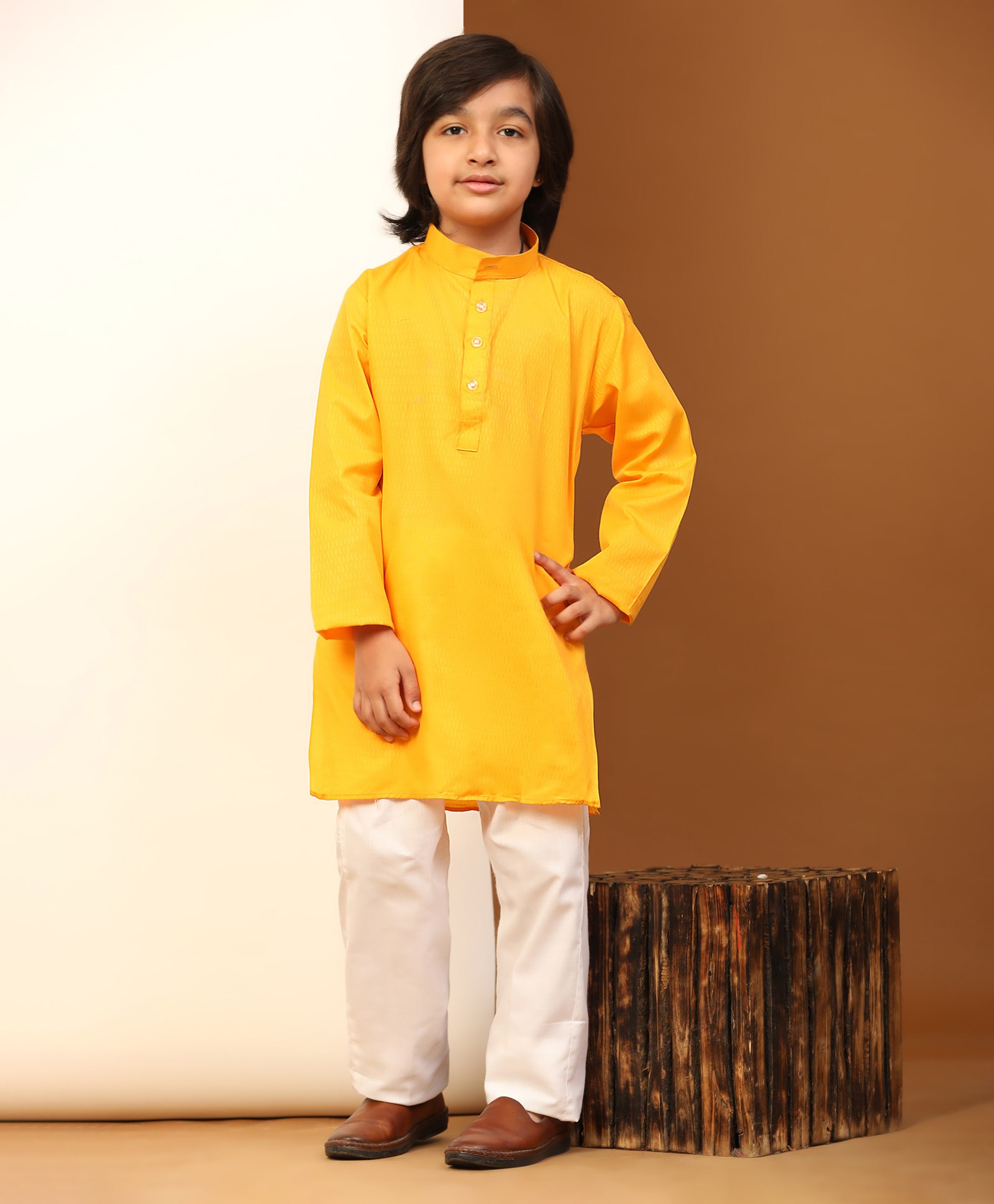 P-MARK Full Sleeves Solid Kurta & Pyjama Set - Lemon Yellow-picture-16