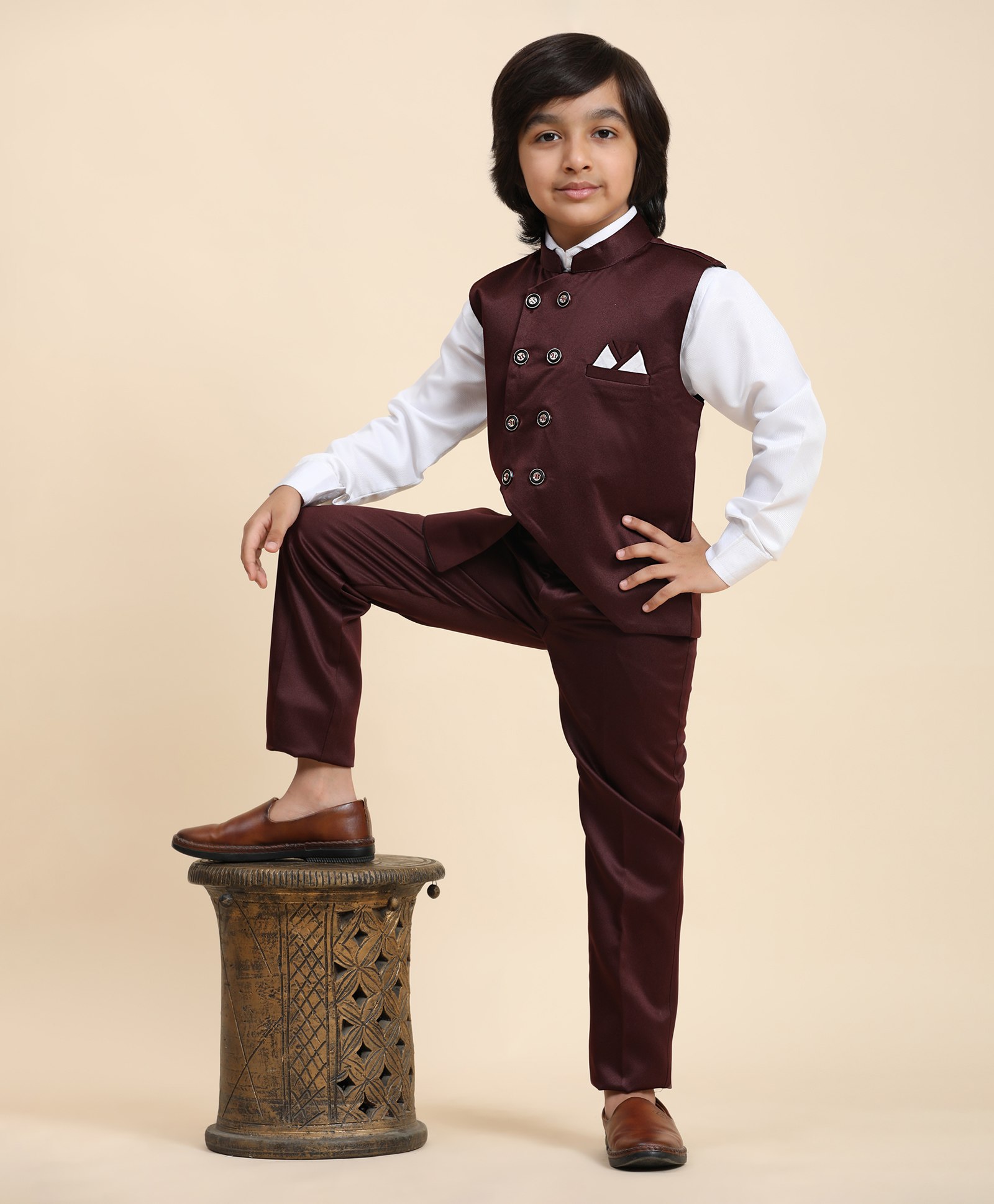 P-MARK Full Sleeves Solid Shirt & Pant With Double Button Closure Waistcoat - Maroon-image-14