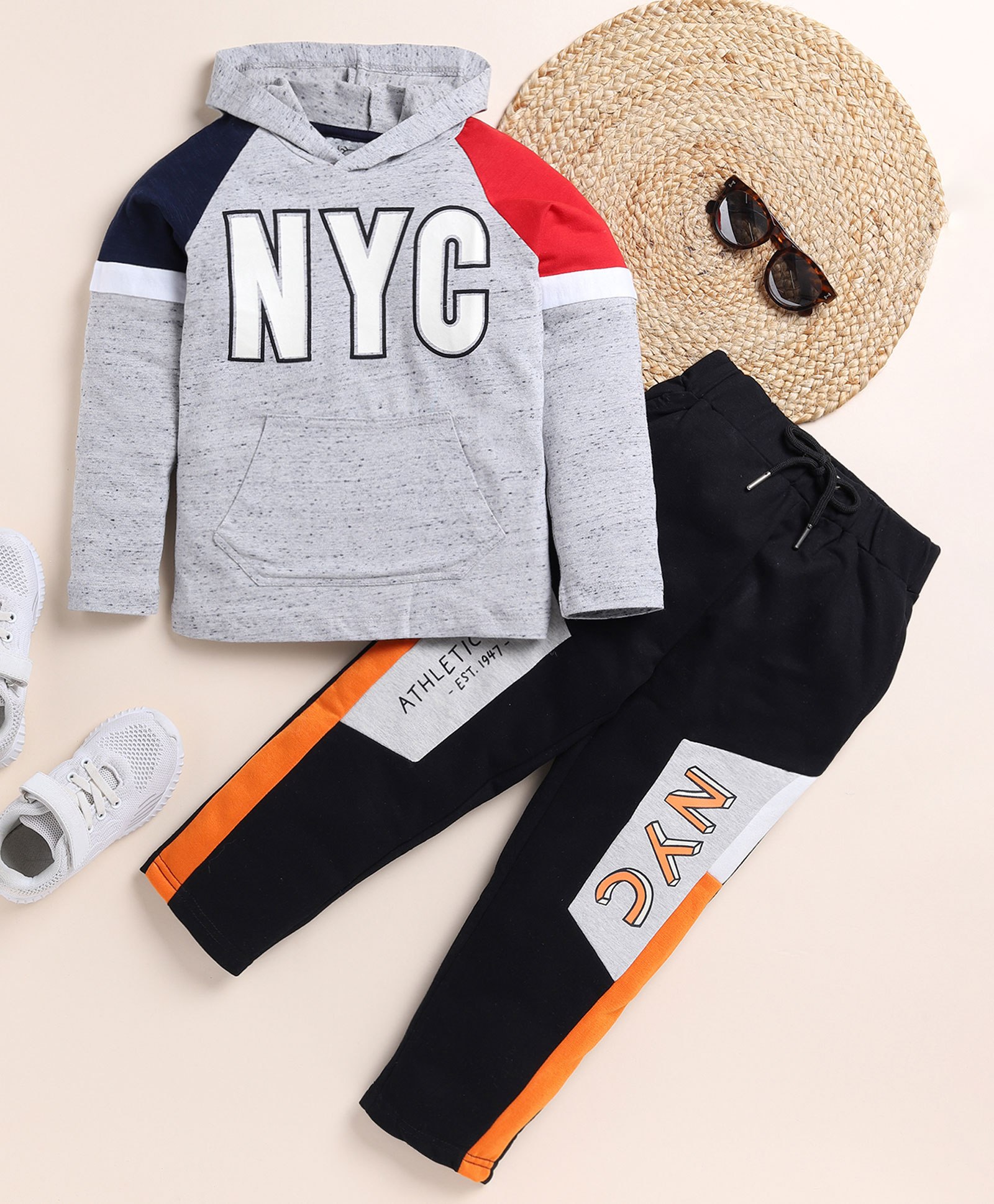 Little Marine Raglan Full Sleeves NYC Printed Colour Blocked Sweatshirt & Pant Set - Grey-picture-12