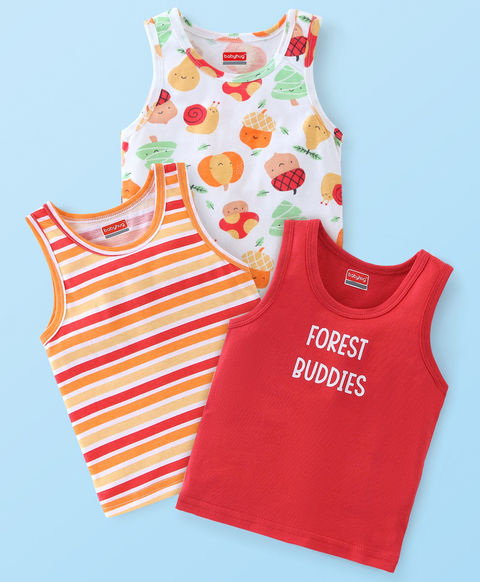 Babyhug 100% Cotton Knit Sleeveless Sando Stripes & Walnut Print Pack of 3 - Multicolor-image-6