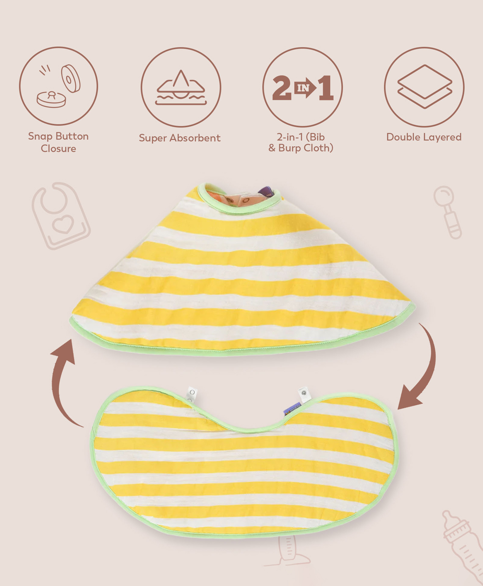 Mi Arcus 100% Cotton Filling 100%  Polyester Yellow & Peach Reversible Burpy Bib-image-2