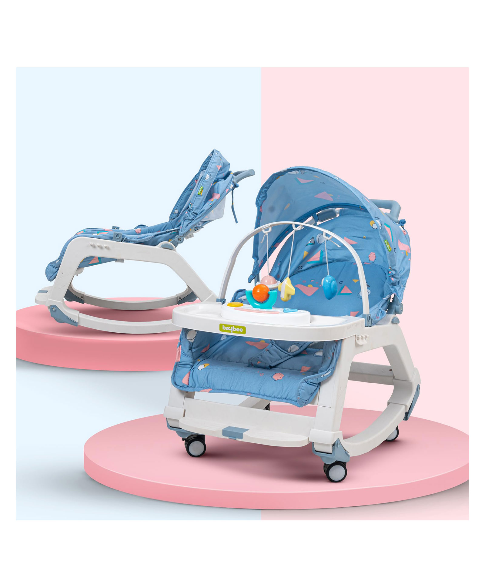 Baybee 5 in 1 Baby Rocking Chair for Kids with Hanging Toys Baby Dining Booster Seat with Multi Position Recline Music Wheels & Food Tray Rocker Chair for Babies (Blue)