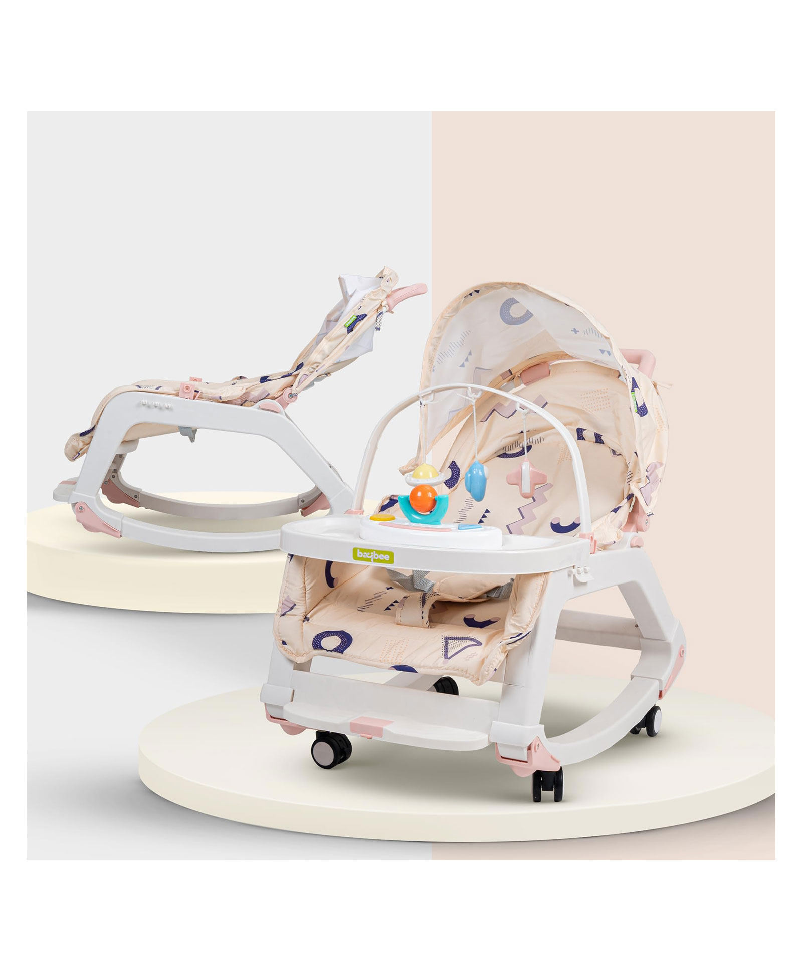 Baybee 5 in 1 Baby Rocking Chair for Kids with Hanging Toys Baby Dining Booster Seat with Multi Position Recline Music Wheels & Food Tray Rocker Chair for Babies (Pink)