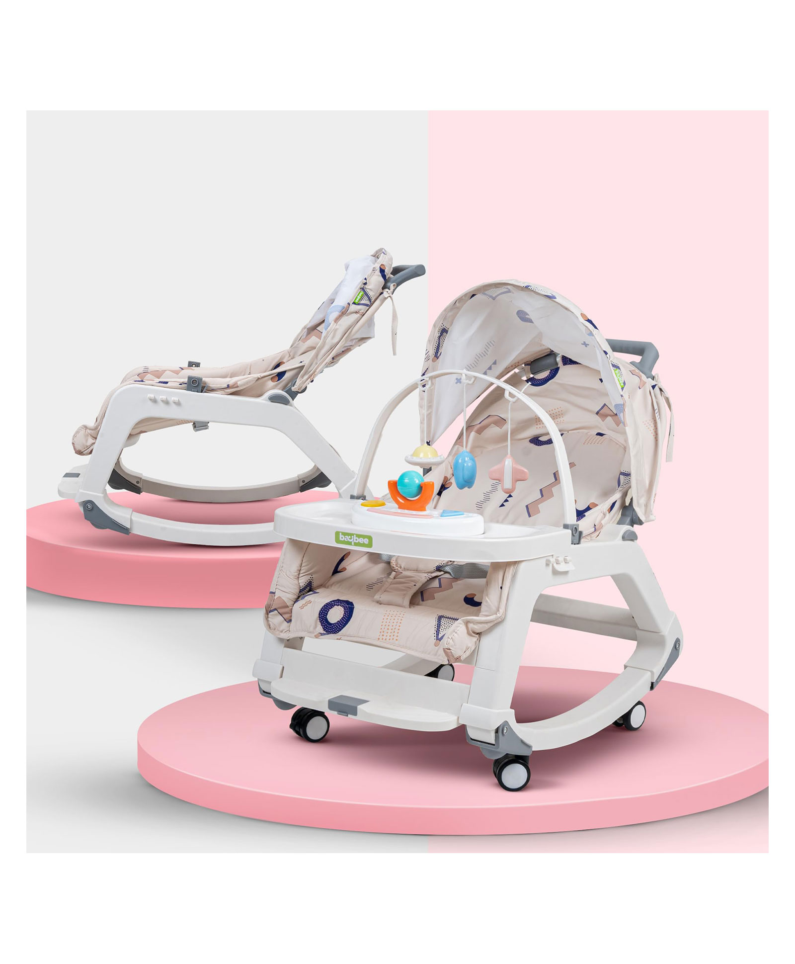 Baybee 5 in 1 Baby Rocking Chair for Kids with Hanging Toys Baby Dining Booster Seat with Multi Position Recline Music Wheels & Food Tray Rocker Chair for Babies (Grey)