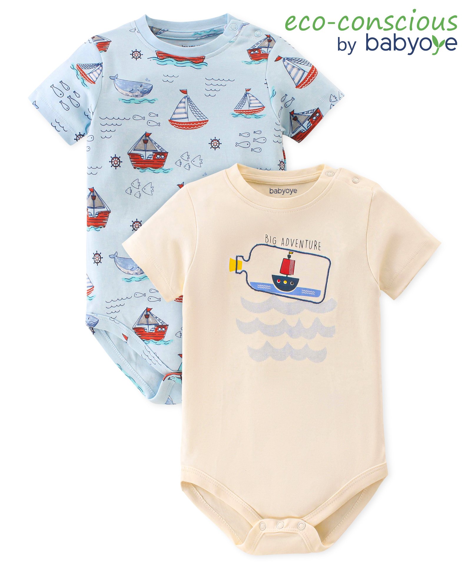 Babyoye 100% Cotton with Eco Jiva Finish Half Sleeves Onesies With Boat Print Pack Of 2 - Blue & Cream-picture-22