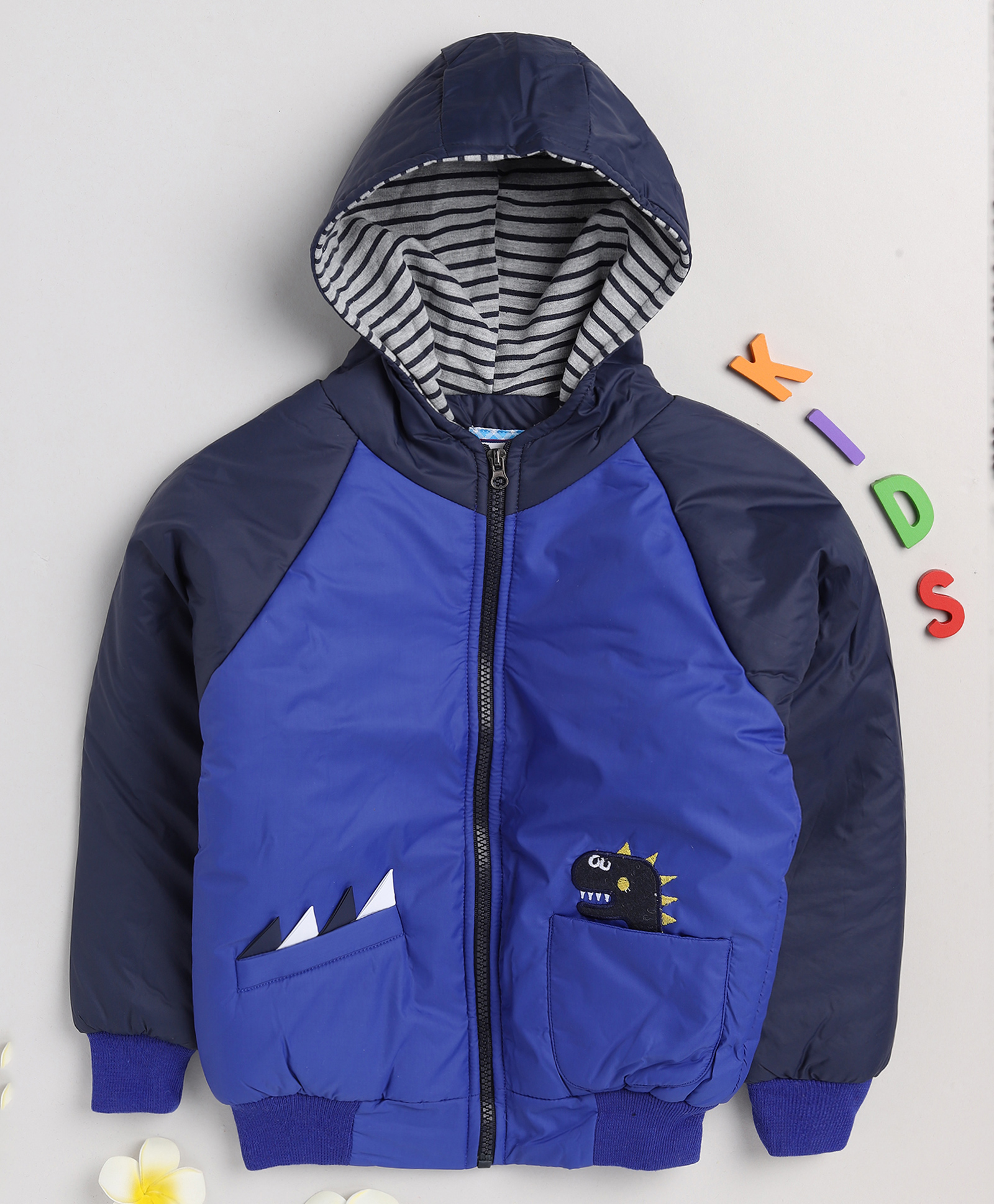 TOONYPORT Full Sleeves Dinosaur Detailed Colour Block Winter Wear Hooded Jacket - Blue-image-38