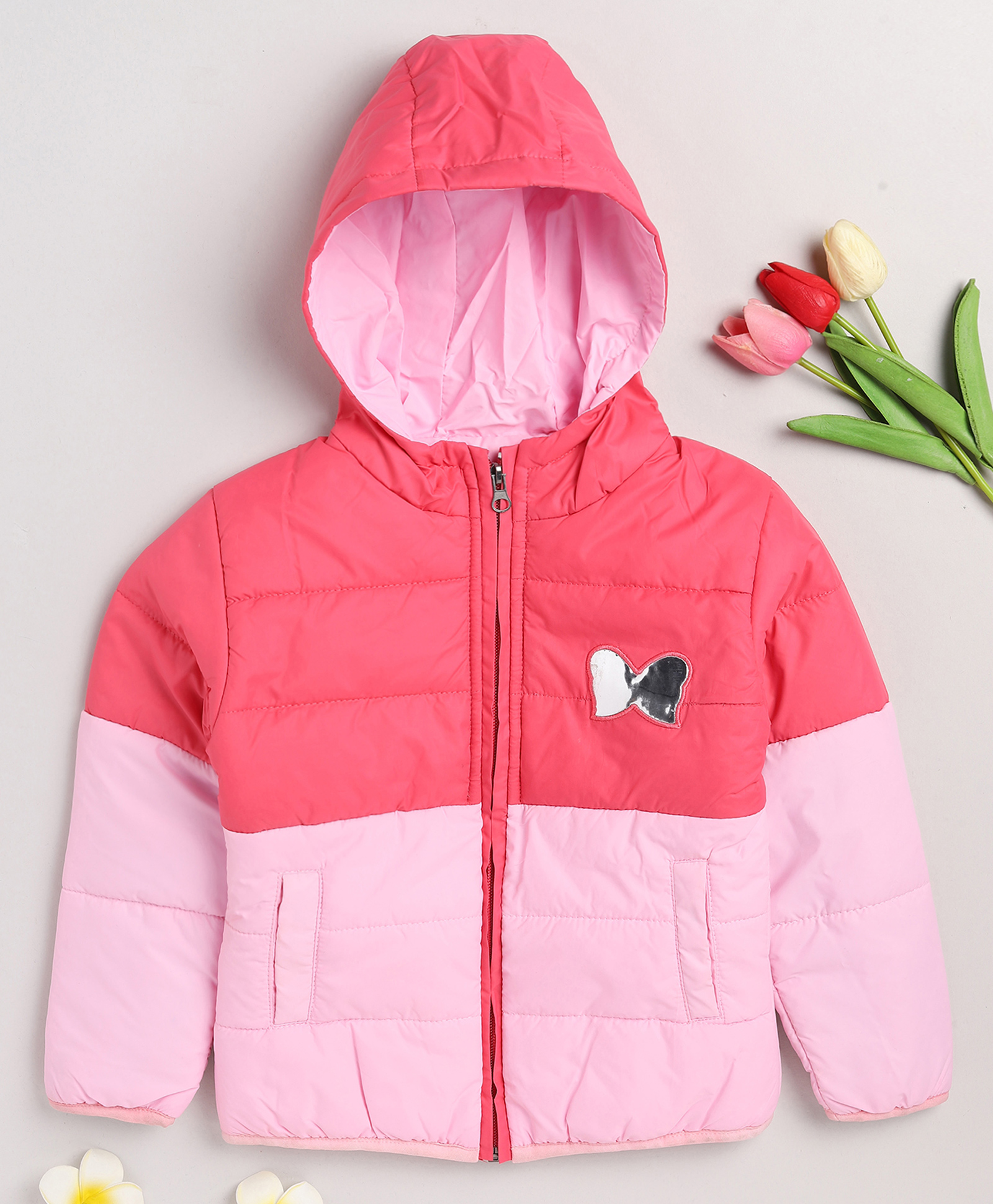 TOONYPORT Full Sleeves Butterfly Detailed Colour Block Winter Wear Hooded Jacket - Pink-image-5