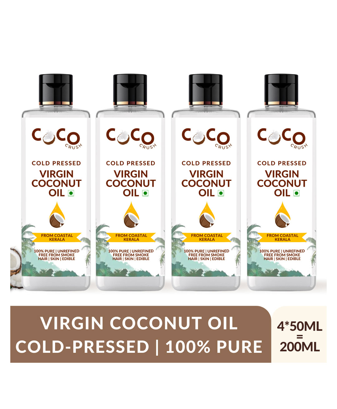 Coco Crush Cold-Pressed Virgin Coconut Oil, 100% Pure & Natural Pack of 4 - 50ml each (200 ml)-picture-11