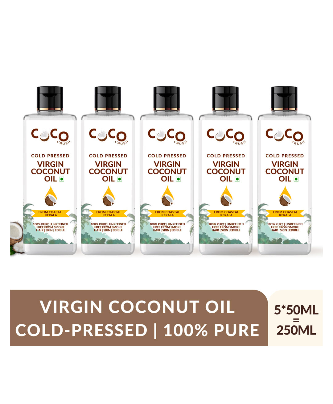 Coco Crush Cold-Pressed Virgin Coconut Oil, 100% Pure & Natural Pack of 5 - 50ml each (250 ml)-image-22