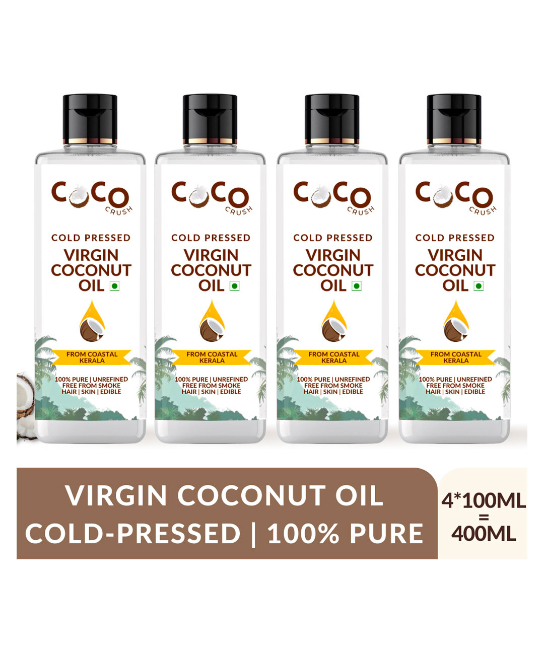 Coco Crush Cold-Pressed Virgin Coconut Oil, 100% Pure & Natural Pack of 4 - 100ml each (400 ml)-picture-24