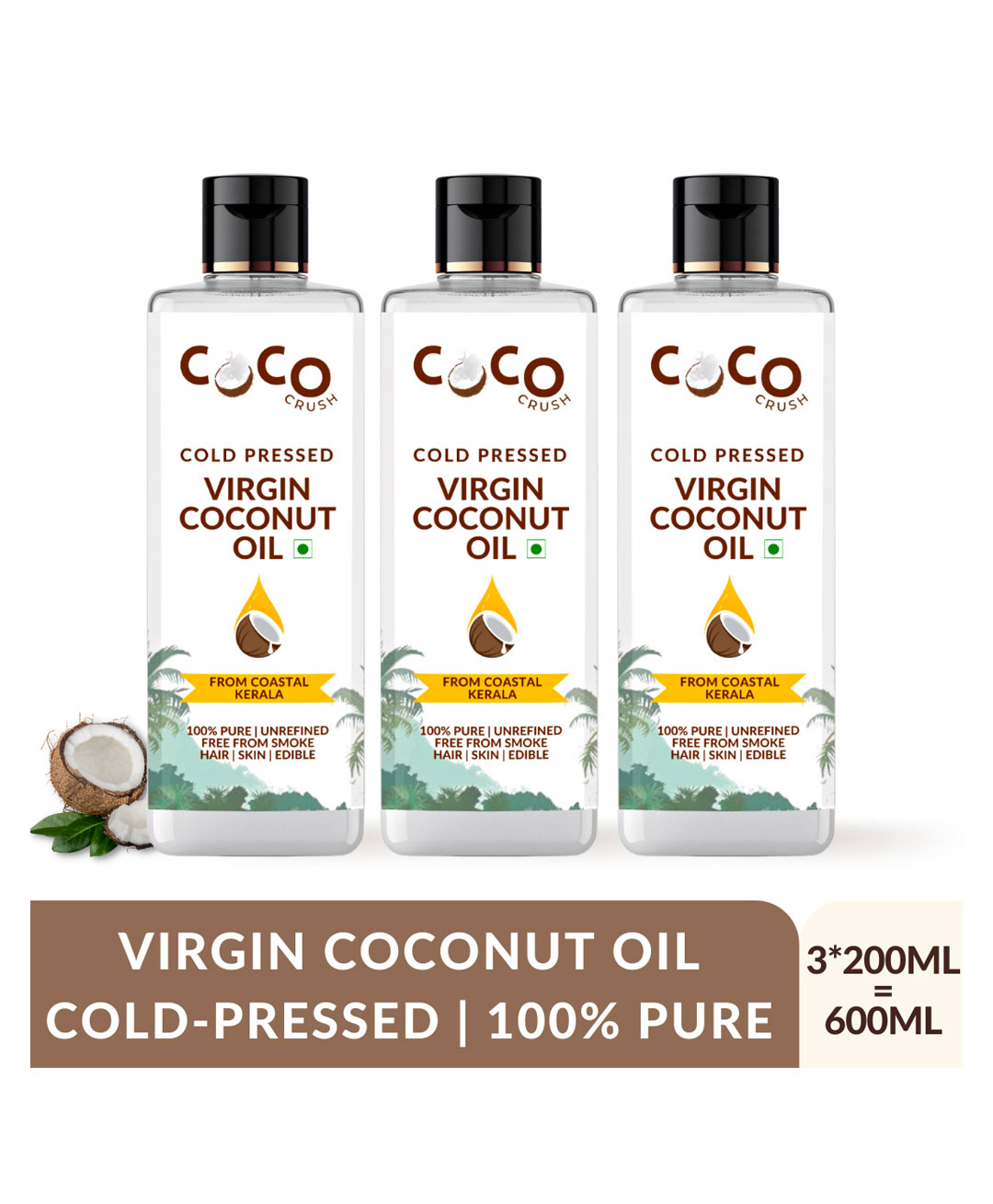 Coco Crush Cold-Pressed Virgin Coconut Oil 100% Pure & Natural Pack of 3 - 200ml each (600 ml)-image-18