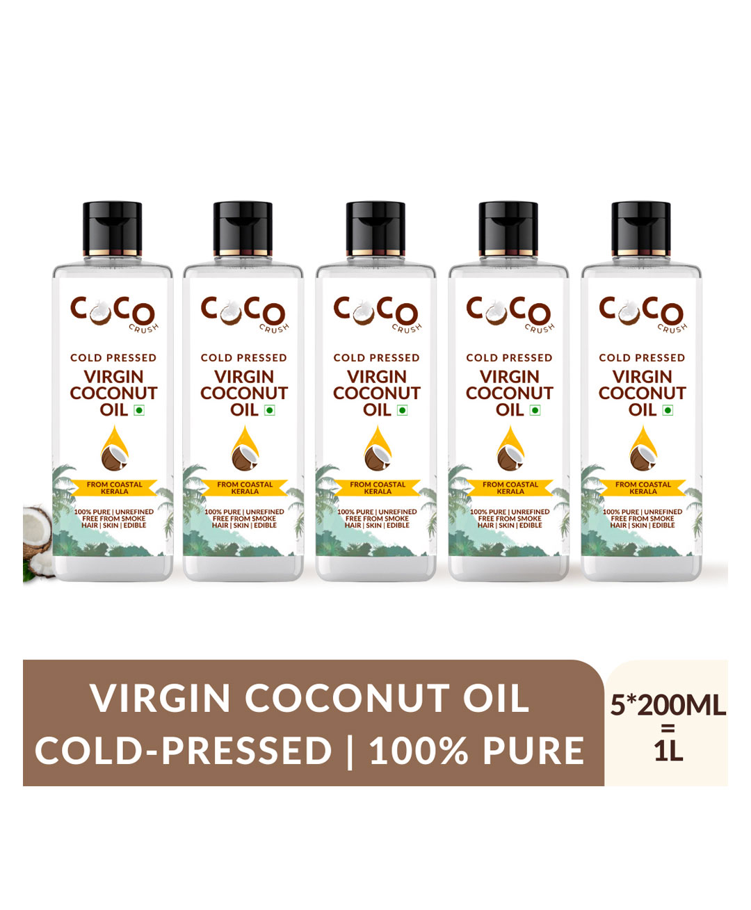 Coco Crush Cold-Pressed Virgin Coconut Oil, 100% Pure & Natural Pack of 5 - 200ml each (1000 ml)-image-21