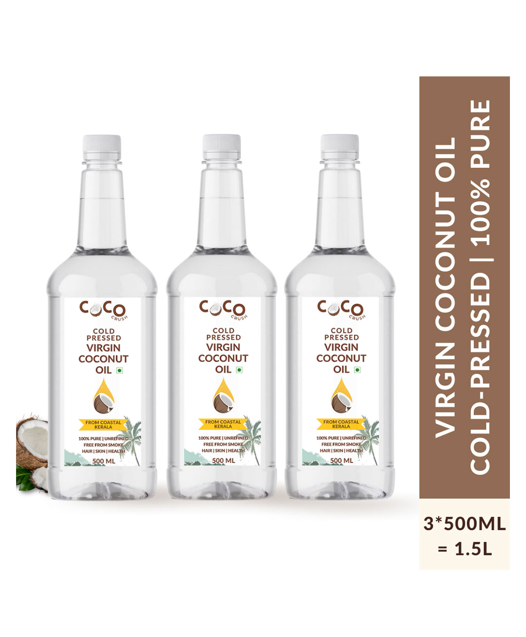 Coco Crush Cold-Pressed Virgin Coconut Oil, 100% Pure & Natural Pack of 3 - 500ml each - 1.5L-image-48