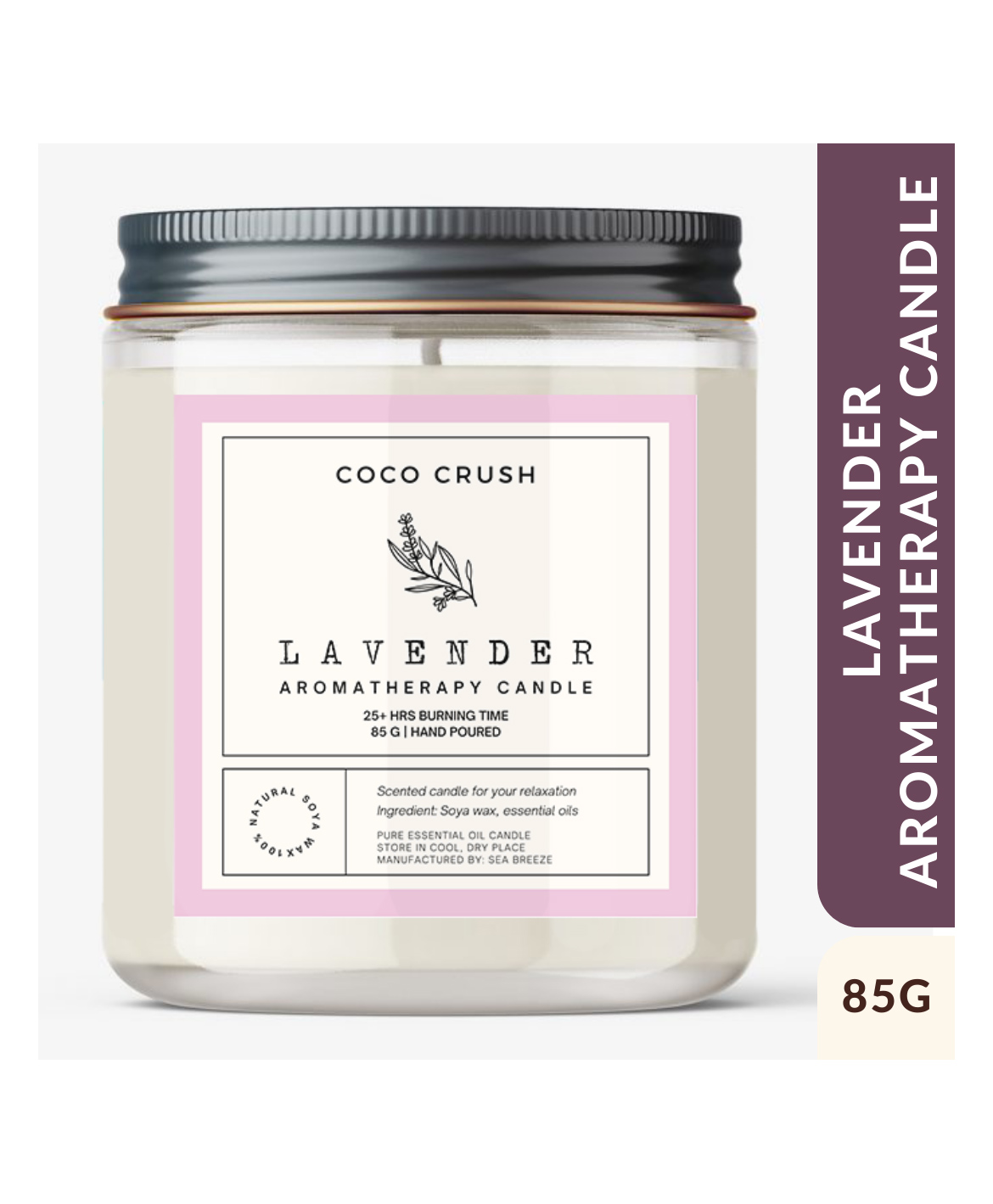 Coco Crush Lavender Aroma Jar Candle -100% Pure Soy Wax 25Hr+ Burn Time Candle - 85g-image-17