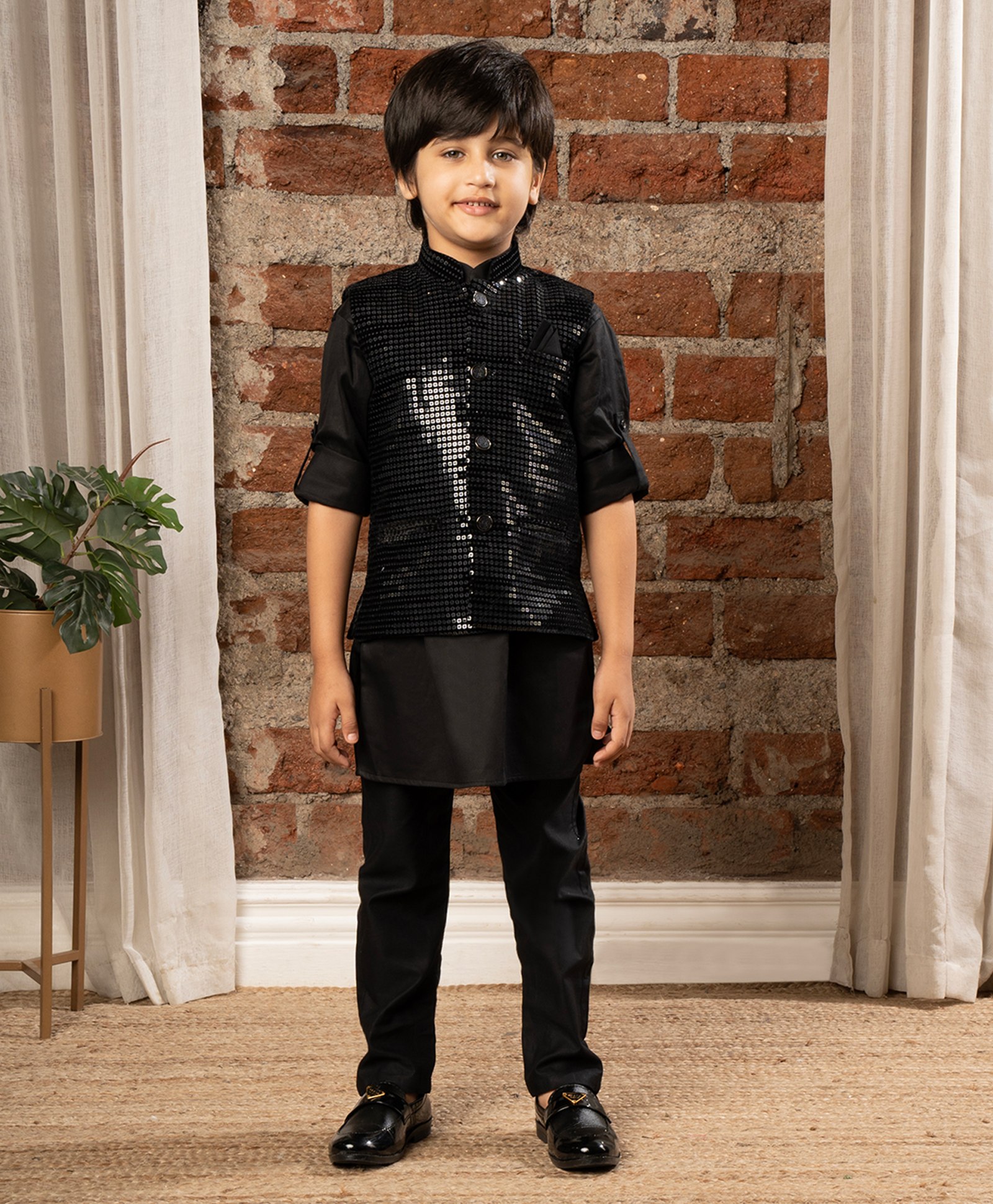 Ministitch Full Sleeves  Solid Kurta & Pyjama With Sequin  Embellished Jacket Set - Black-image-37