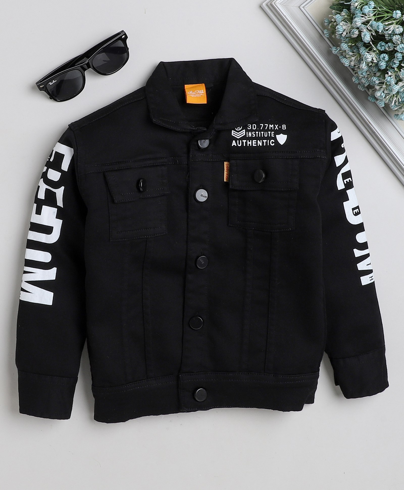 Ministitch Full Sleeves Text Printed  Denim Jacket - Black-picture-21