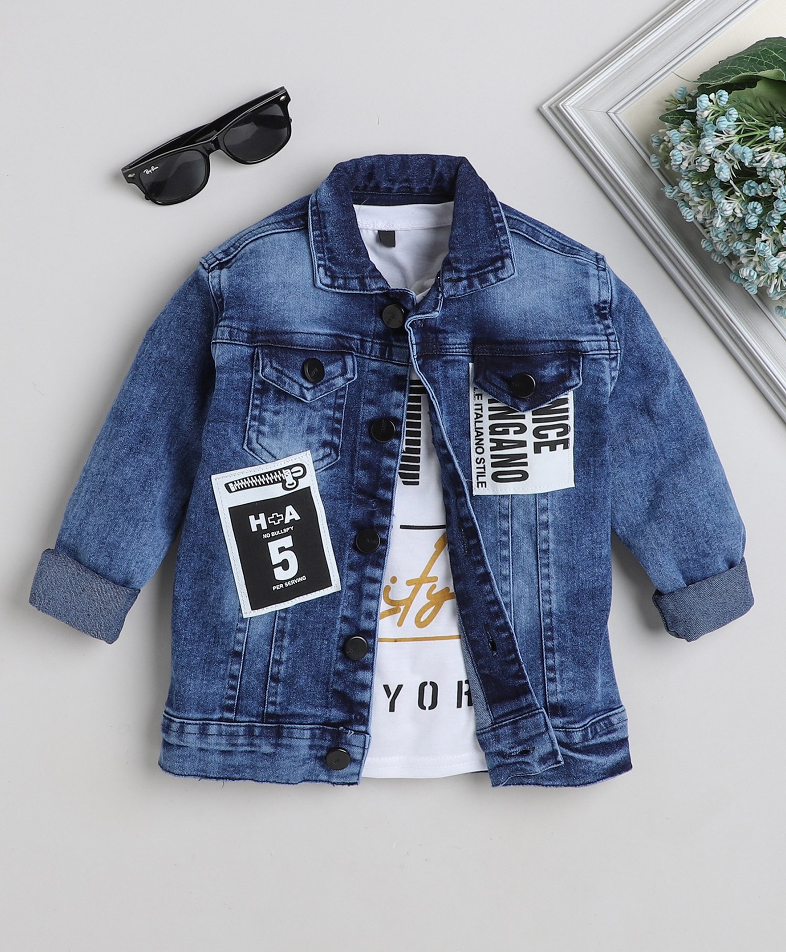 Ministitch Full Sleeves Patch Detailed Denim Jacket With Text Printed Tee - Blue-picture-16
