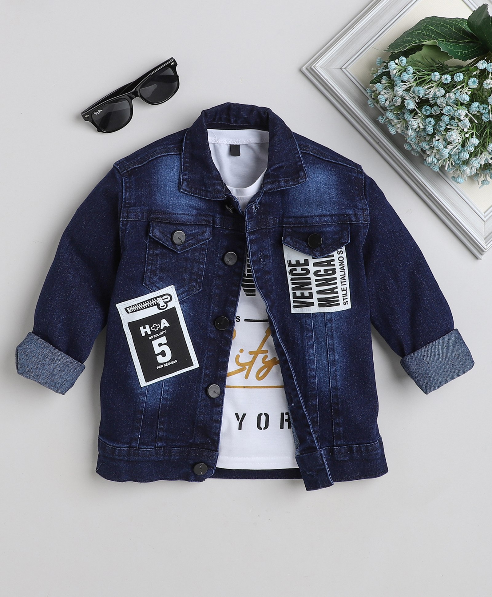 Ministitch Full Sleeves Patch Detailed Denim Jacket With Text Printed Tee - Navy Blue-image-24