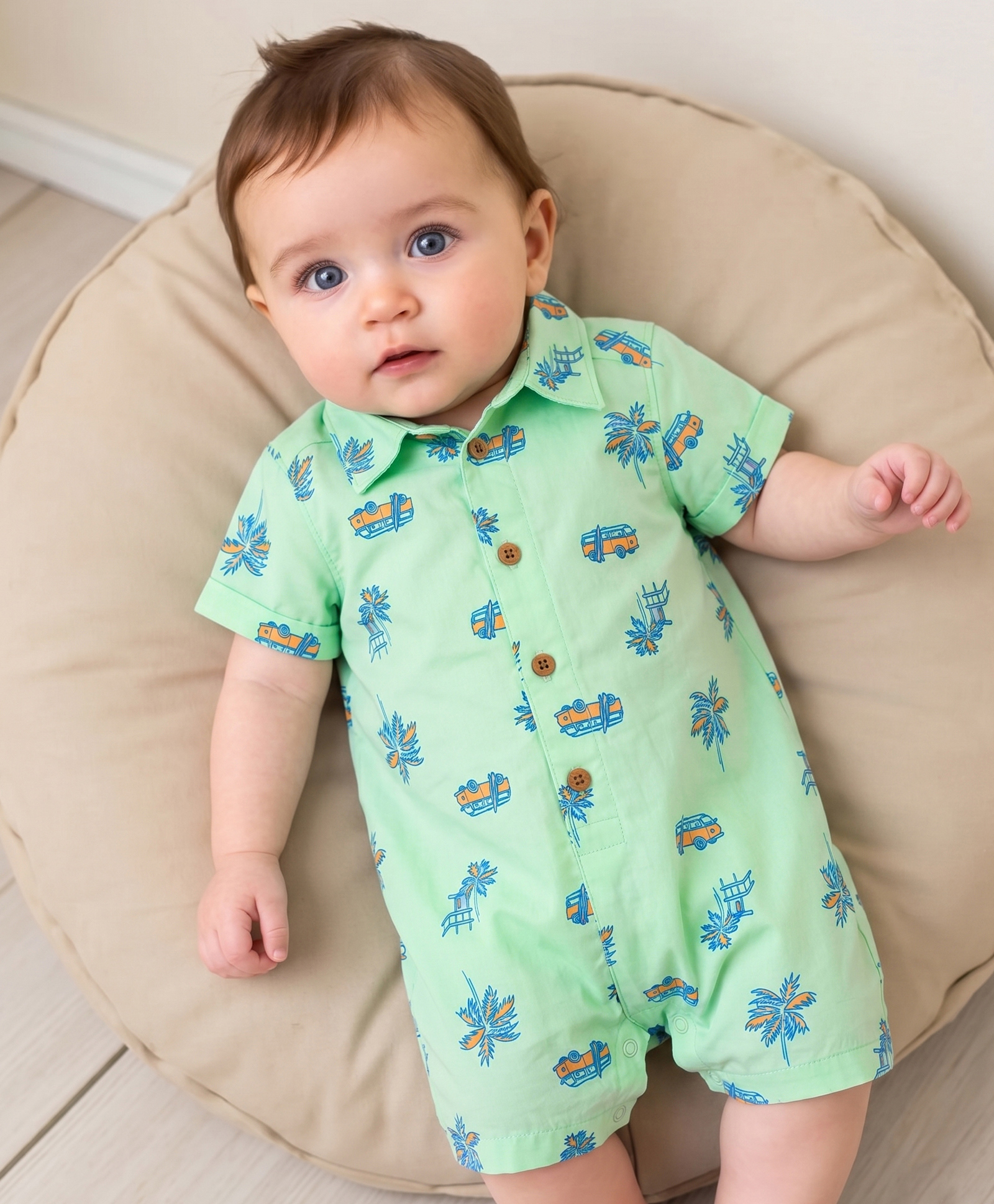 Carter's Knit Half Sleeves Rompers with Beach Theme Print - Green-image-1