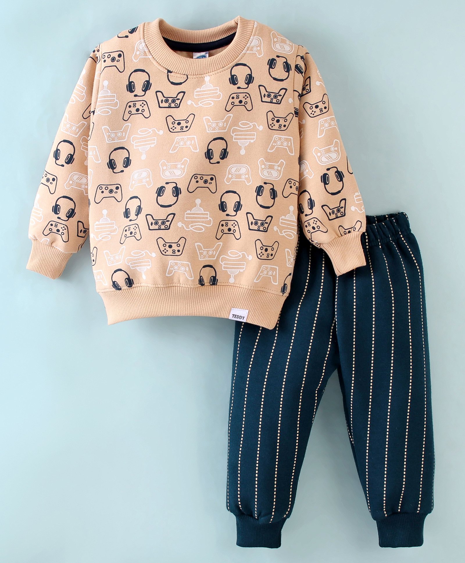 Teddy Cotton Fleece Knit Full Sleeves Winter Night Suit Gaming Console Print - Beige-picture-41