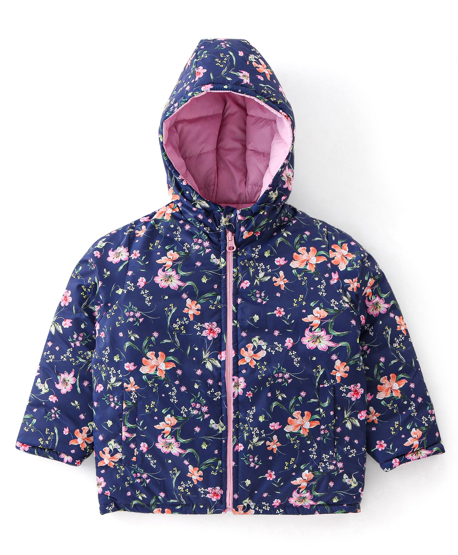 Babyhug Woven Full Sleeves Reversible Hooded Jacket Floral Print - Pink & Navy Blue-picture-18