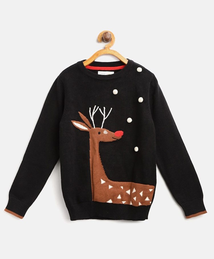 Cherry Crumble By Nitt Hyman Full Sleeves Cosy Christmas Holiday Featuring Reindeer Designed Sweater - Black-picture-14