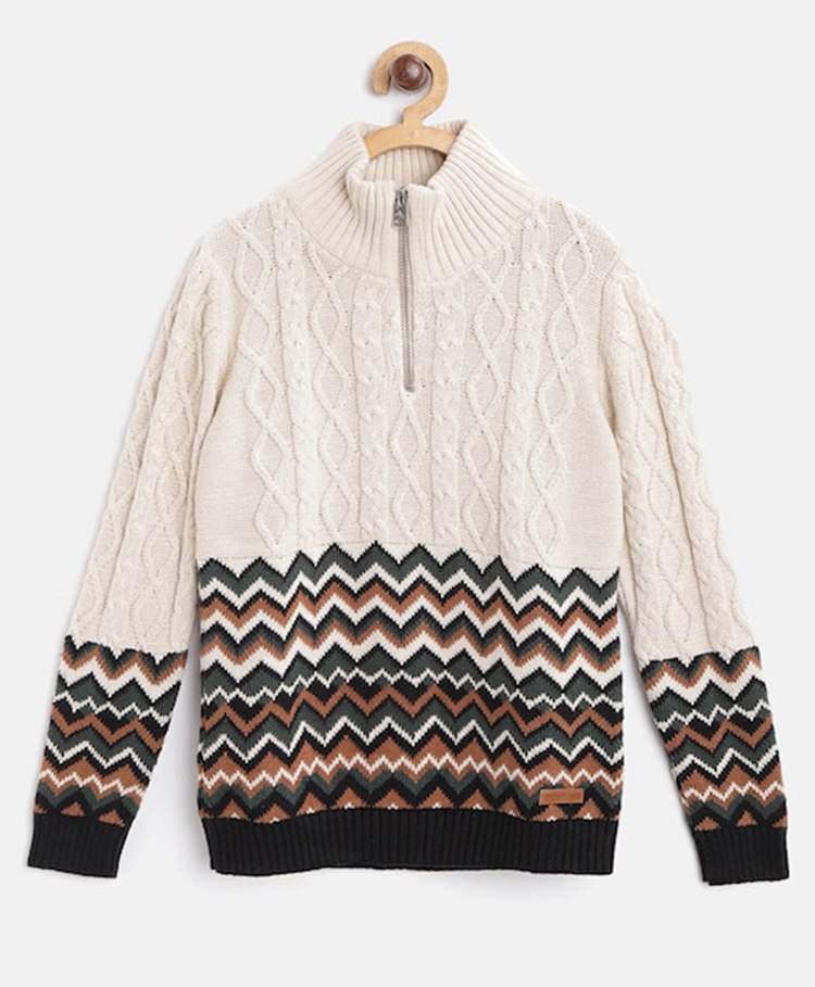 Cherry Crumble By Nitt Hyman Full Sleeves Woven Chevron & Cable Designed Bohemian High Neck Sweater - Beige-image-24