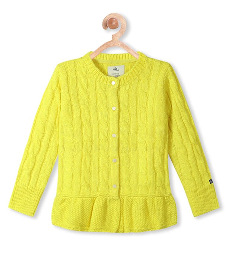 Cherry Crumble By Nitt Hyman Full Sleeves Woven Cable Designed Peplum Cardigan Sweater - Yellow-picture-11