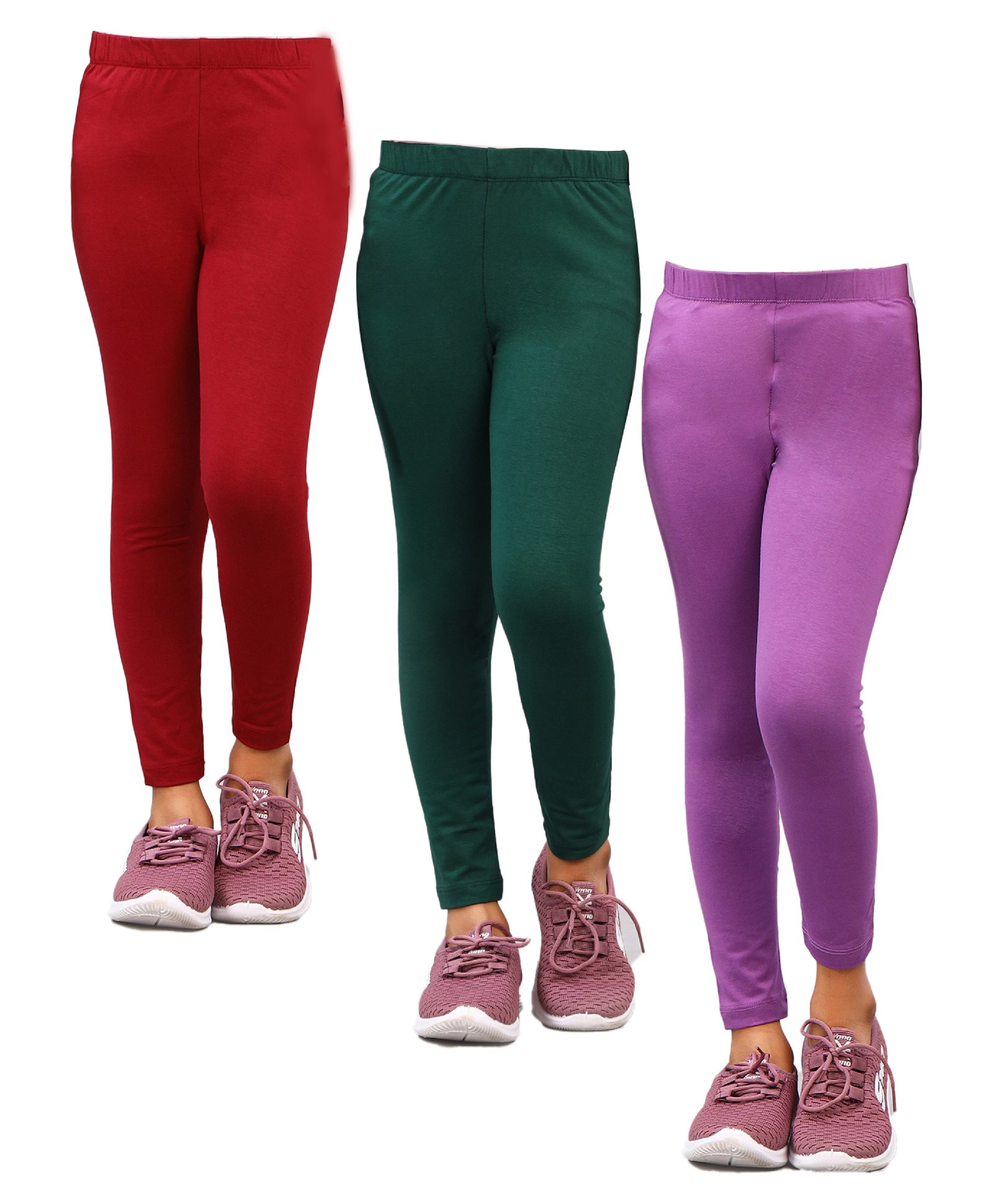 Zion Pack Of 3 Solid Leggings - Purple Green & Maroon-picture-5