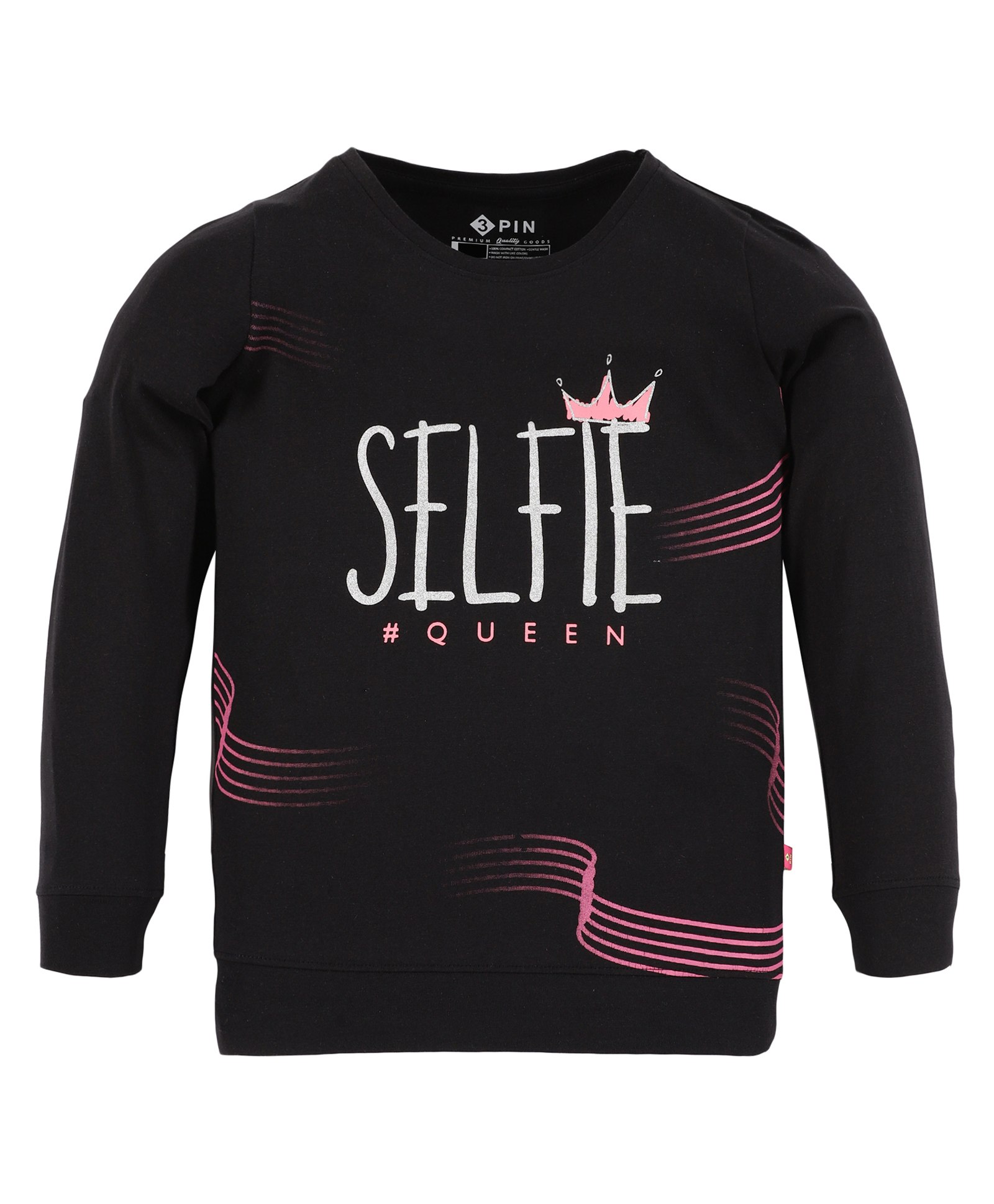 3PIN Full SleevesPlacement Text Printed Sweatshirt -Black-image-1
