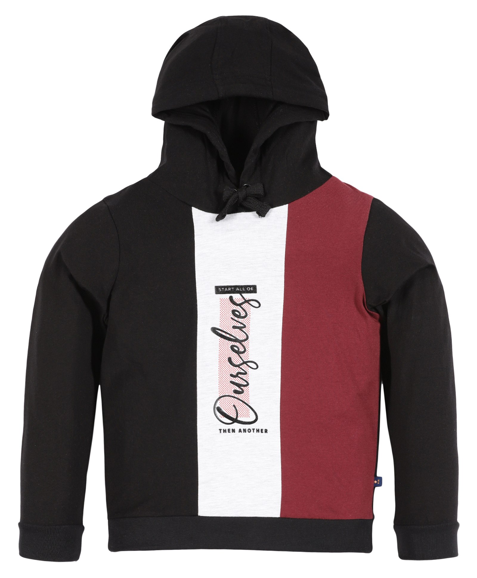3PIN Full Sleeves  Placement Text & Colour Block Detailed Hoodie - Black-picture-15